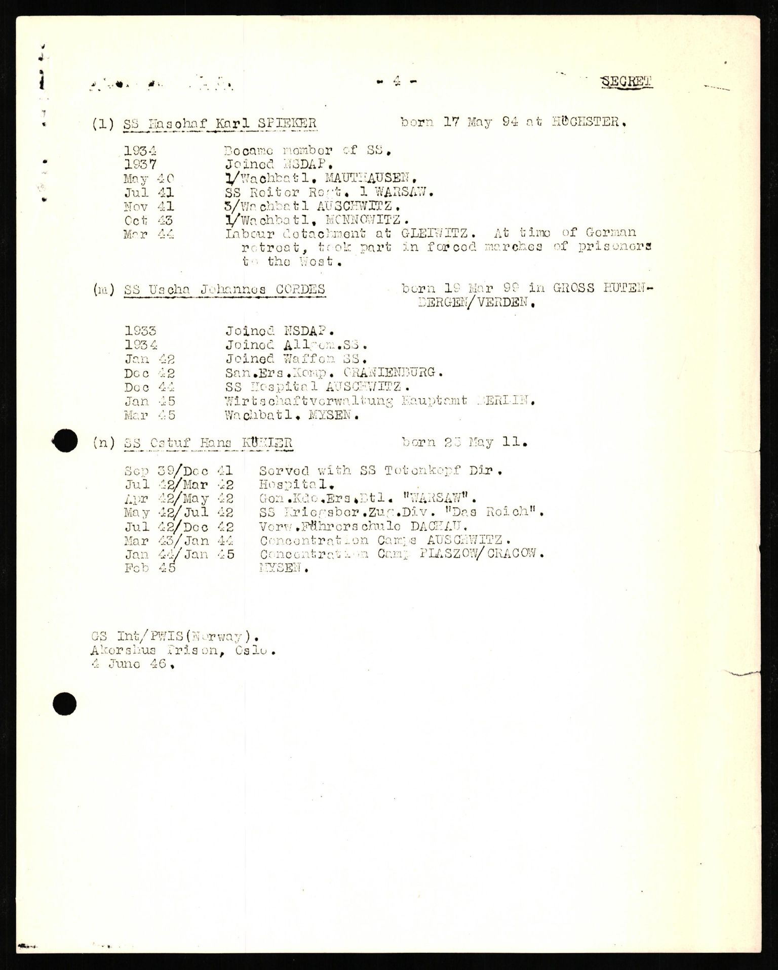 Forsvaret, Forsvarets overkommando II, RA/RAFA-3915/D/Db/L0029: CI Questionaires. Tyske okkupasjonsstyrker i Norge. Tyskere., 1945-1946, p. 335