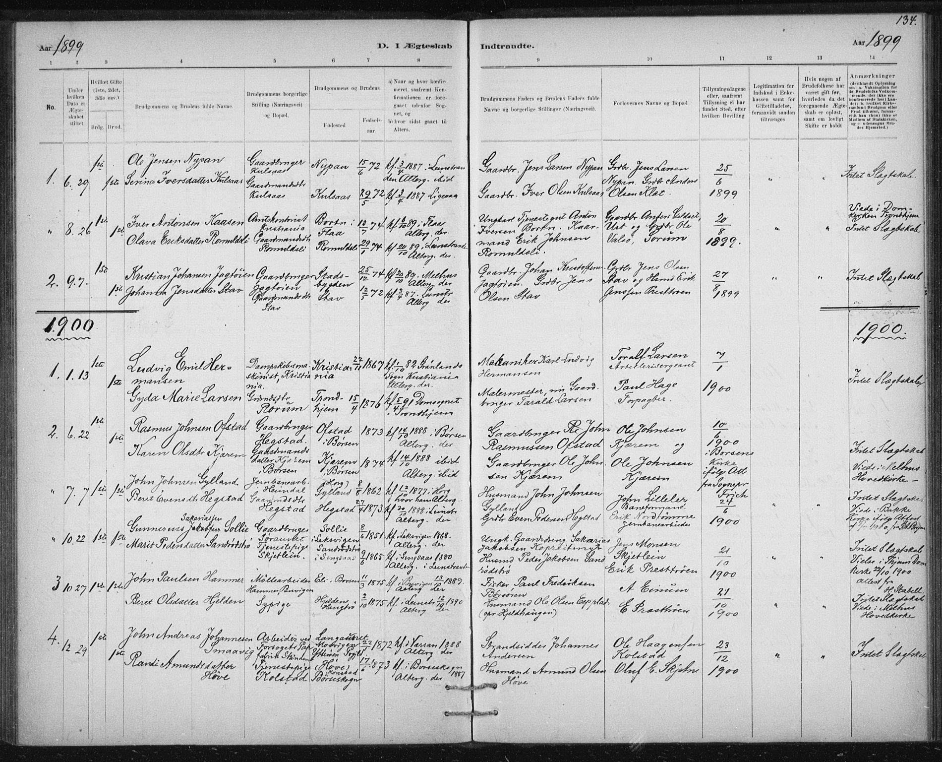 Ministerialprotokoller, klokkerbøker og fødselsregistre - Sør-Trøndelag, SAT/A-1456/613/L0392: Parish register (official) no. 613A01, 1887-1906, p. 134