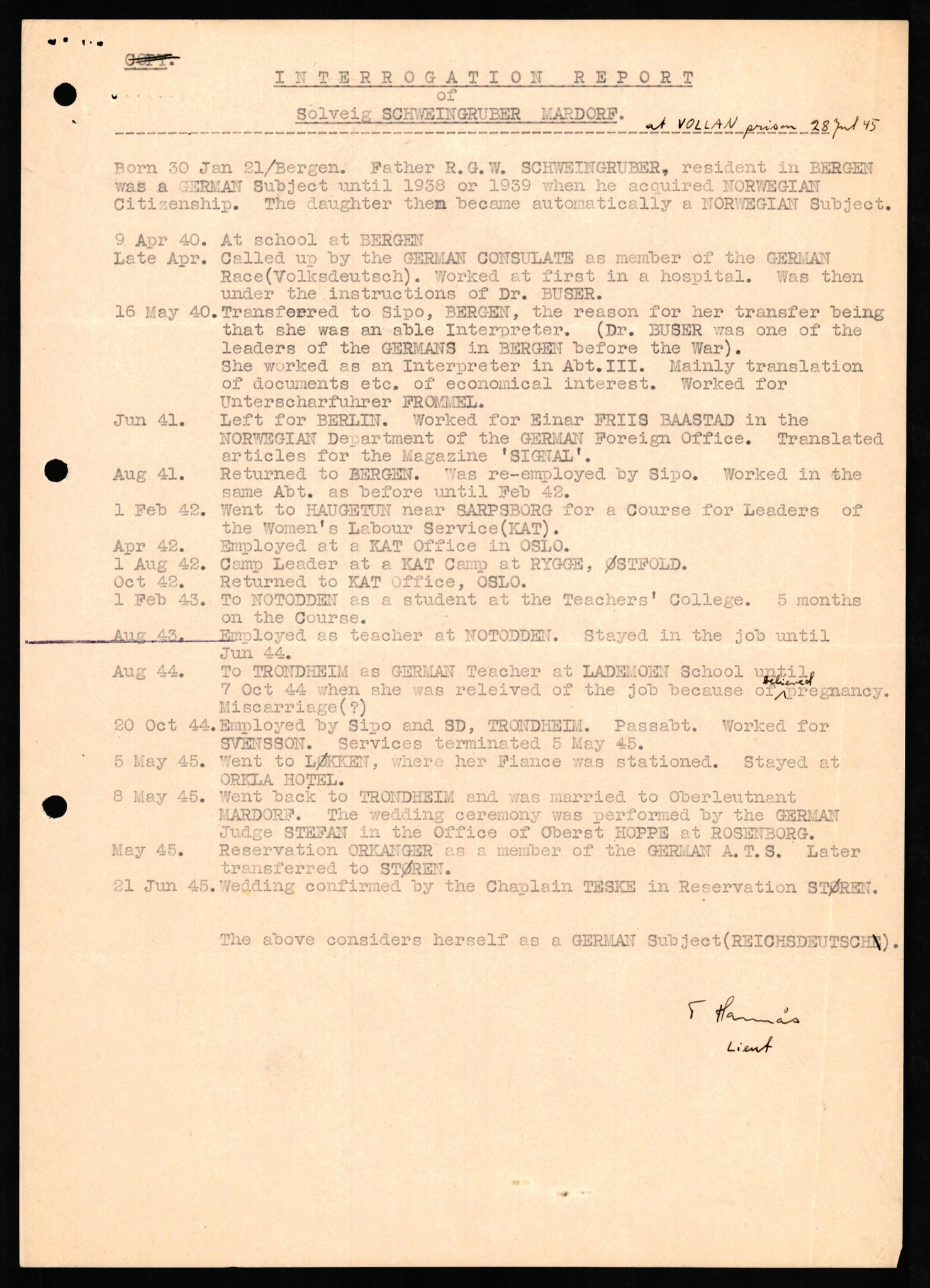 Forsvaret, Forsvarets overkommando II, RA/RAFA-3915/D/Db/L0021: CI Questionaires. Tyske okkupasjonsstyrker i Norge. Tyskere., 1945-1946, p. 147