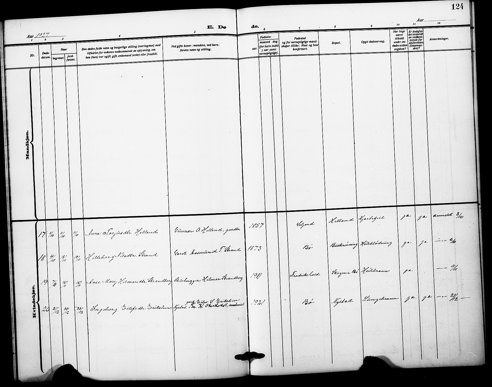 Bø kirkebøker, SAKO/A-257/G/Ga/L0008: Parish register (copy) no. 8, 1920-1930, p. 124