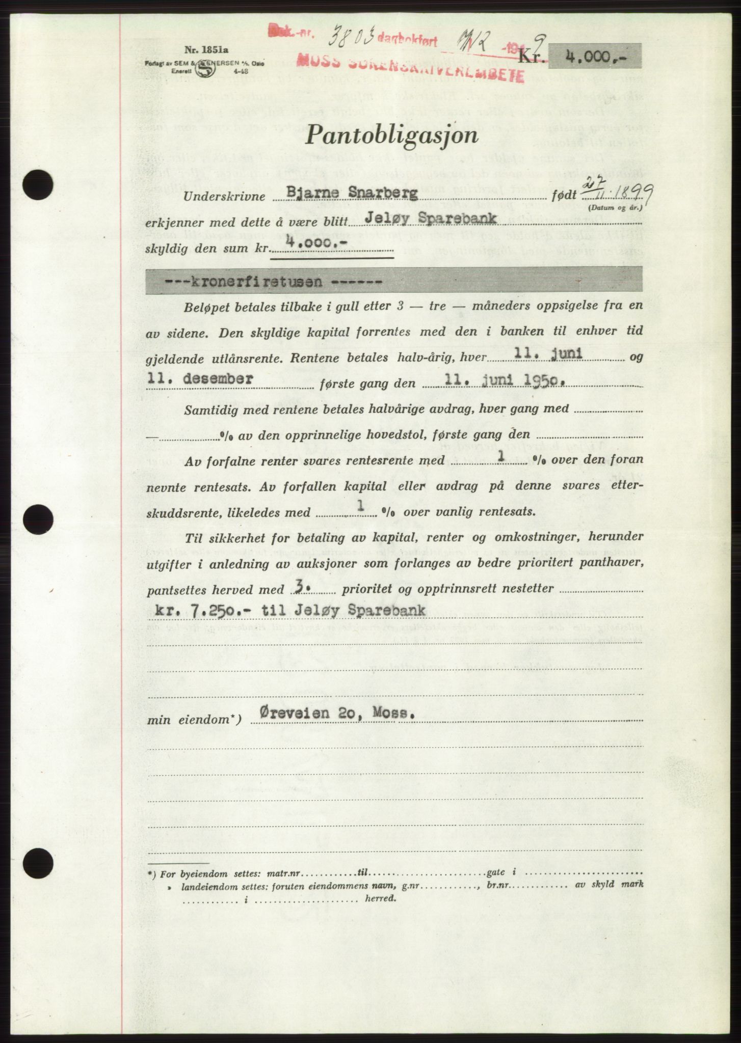 Moss sorenskriveri, SAO/A-10168: Mortgage book no. B23, 1949-1950, Diary no: : 3803/1949
