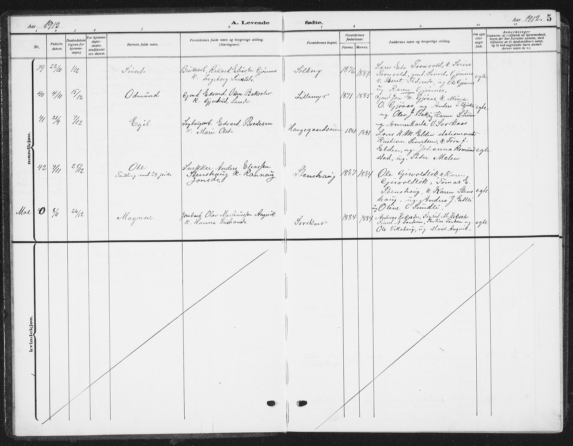 Ministerialprotokoller, klokkerbøker og fødselsregistre - Sør-Trøndelag, SAT/A-1456/668/L0820: Parish register (copy) no. 668C09, 1912-1936, p. 5