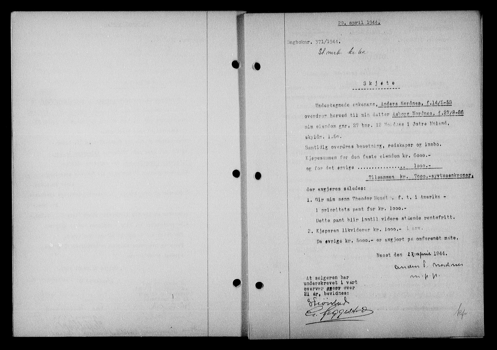 Nedenes sorenskriveri, SAK/1221-0006/G/Gb/Gba/L0051: Mortgage book no. A-V, 1943-1944, Diary no: : 371/1944