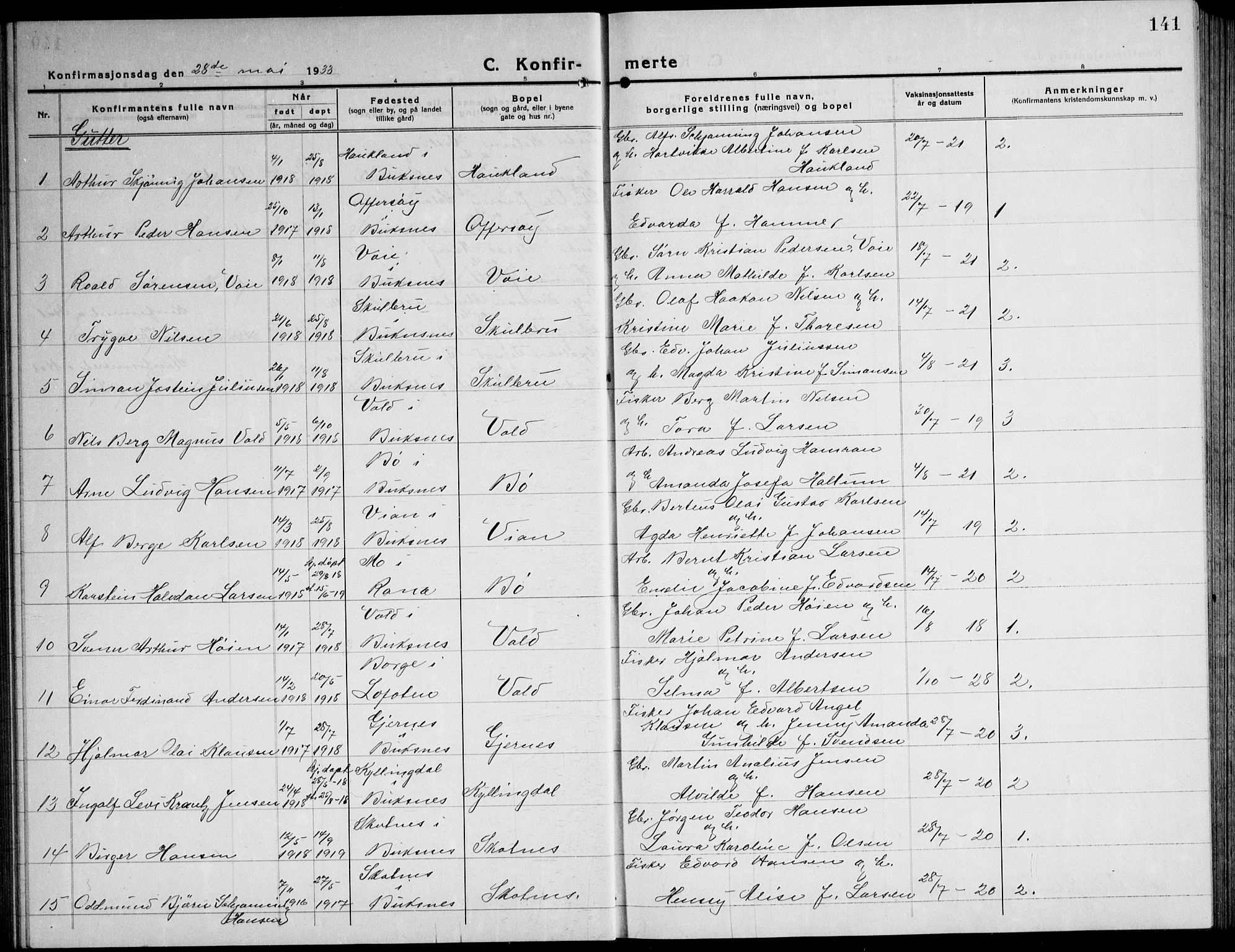 Ministerialprotokoller, klokkerbøker og fødselsregistre - Nordland, AV/SAT-A-1459/881/L1170: Parish register (copy) no. 881C07, 1930-1943, p. 141