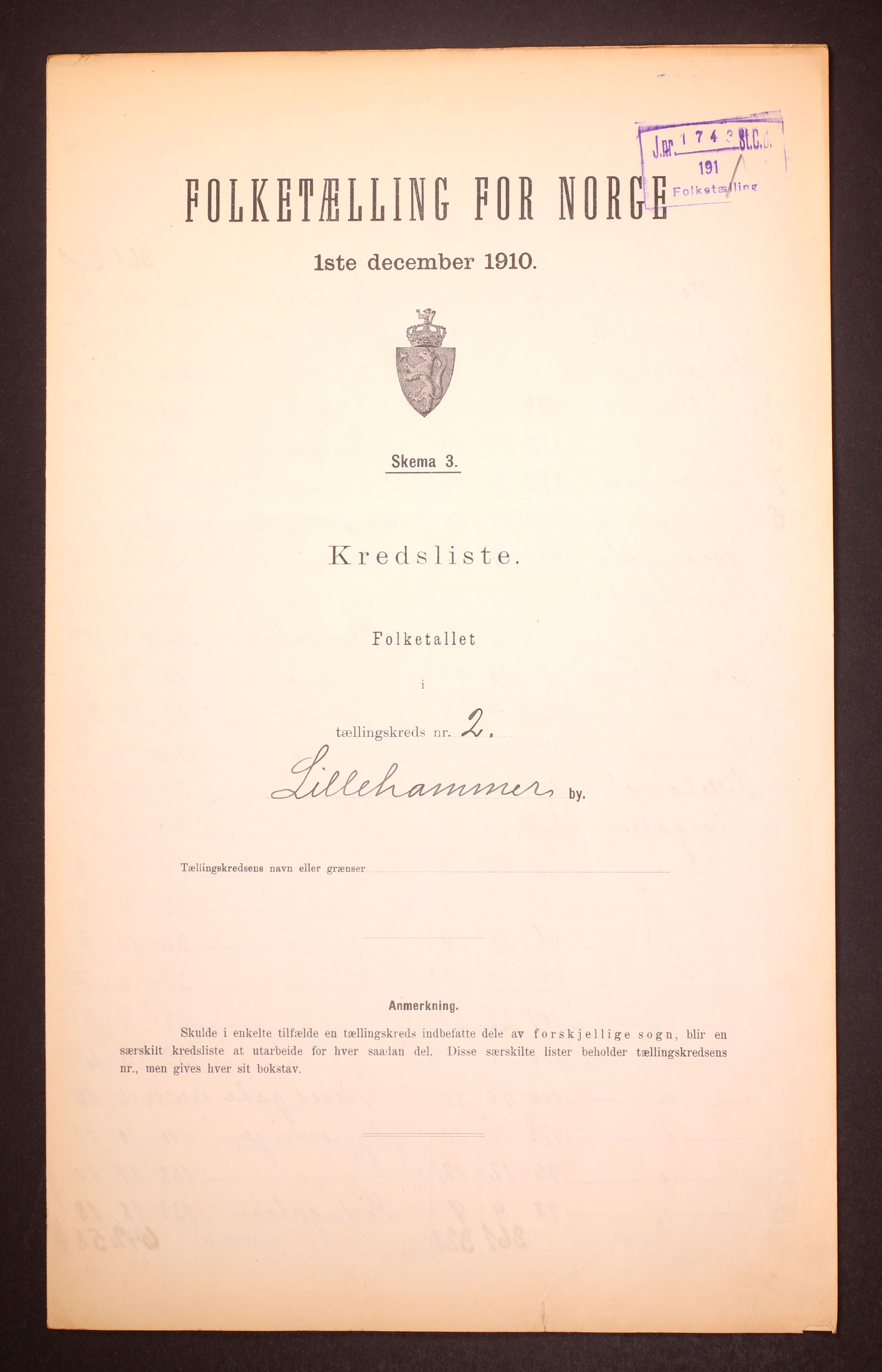 RA, 1910 census for Lillehammer, 1910, p. 7