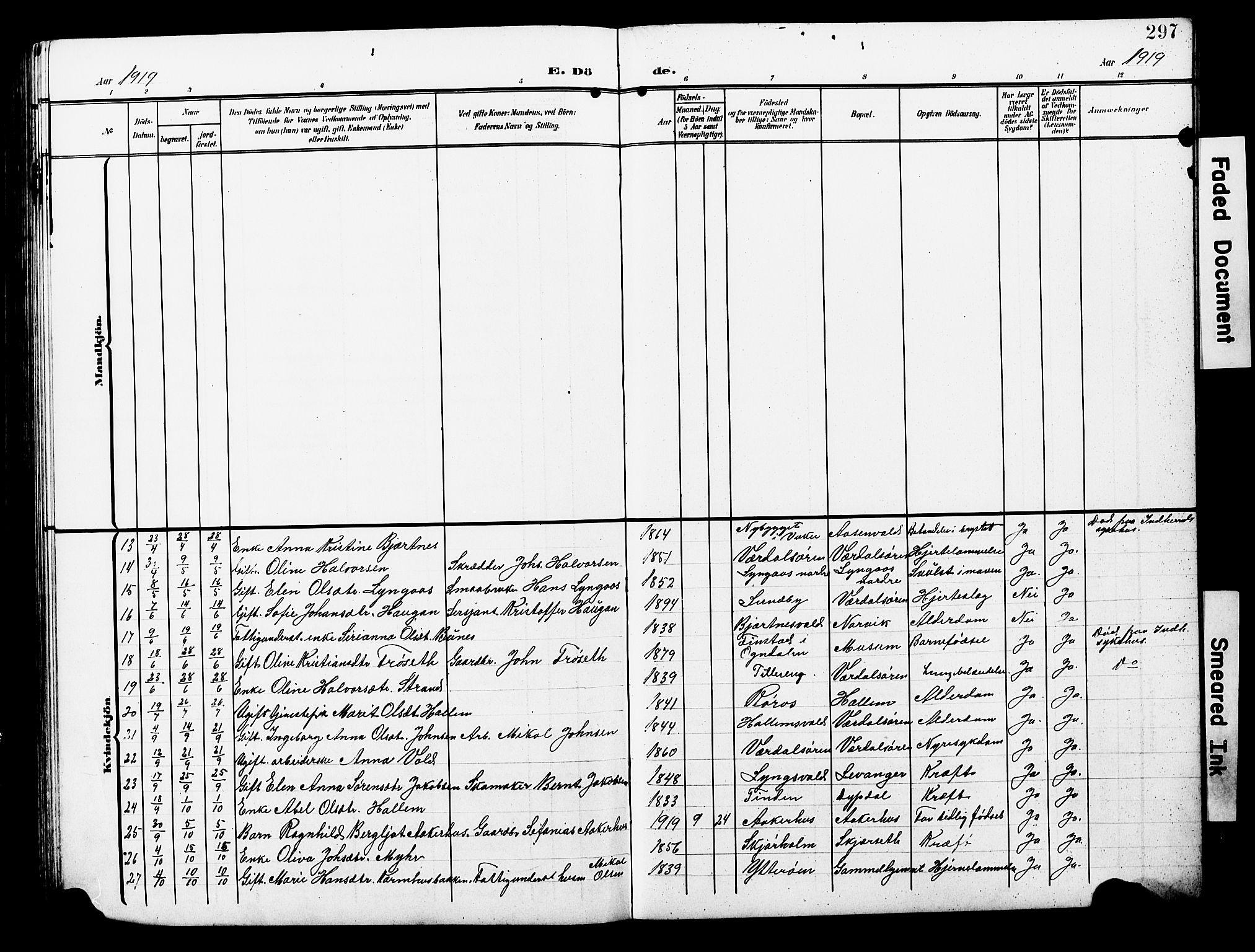 Ministerialprotokoller, klokkerbøker og fødselsregistre - Nord-Trøndelag, AV/SAT-A-1458/723/L0258: Parish register (copy) no. 723C06, 1908-1927, p. 297