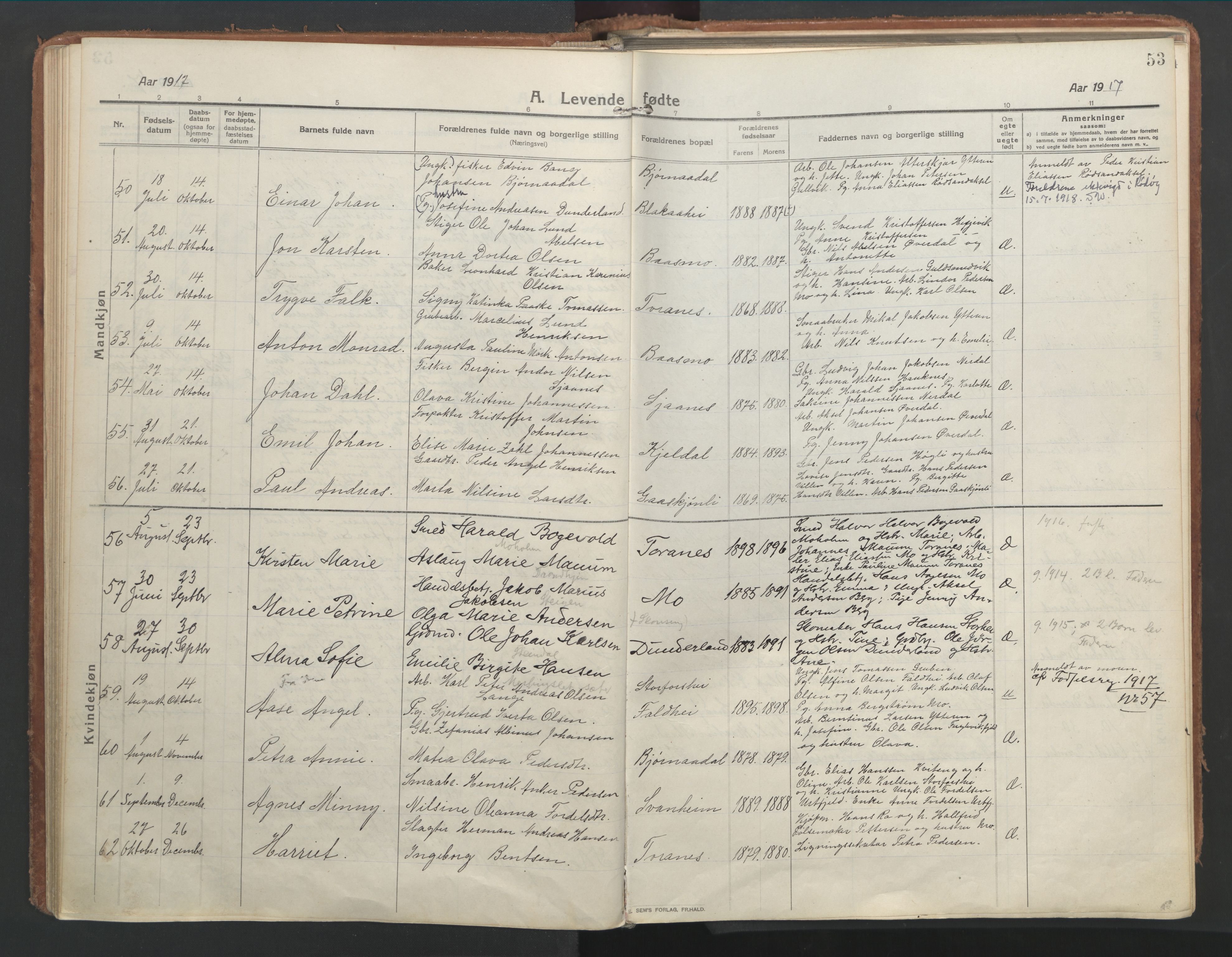 Ministerialprotokoller, klokkerbøker og fødselsregistre - Nordland, AV/SAT-A-1459/827/L0404: Parish register (official) no. 827A16, 1912-1925, p. 53