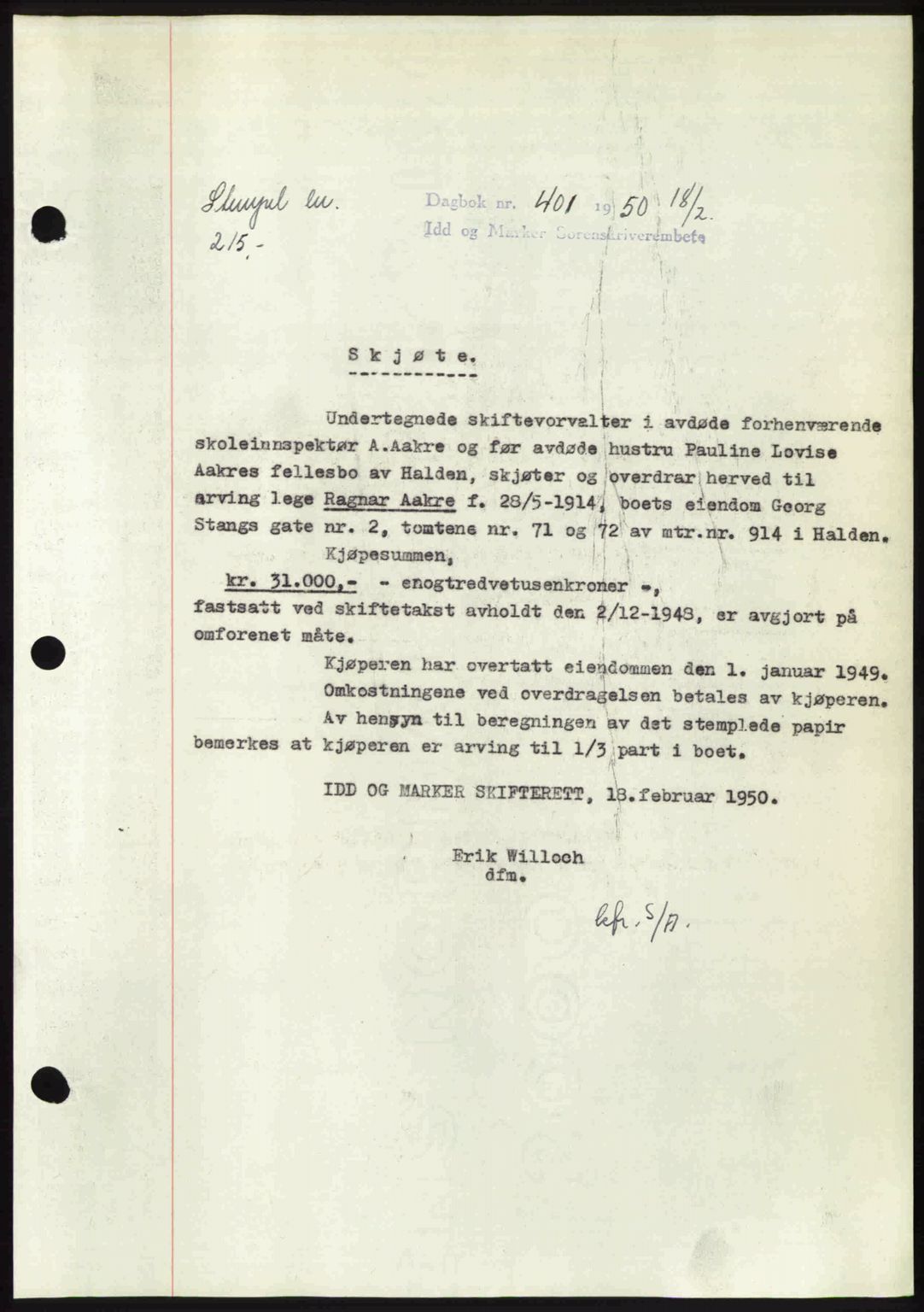 Idd og Marker sorenskriveri, AV/SAO-A-10283/G/Gb/Gbb/L0014: Mortgage book no. A14, 1950-1950, Diary no: : 401/1950