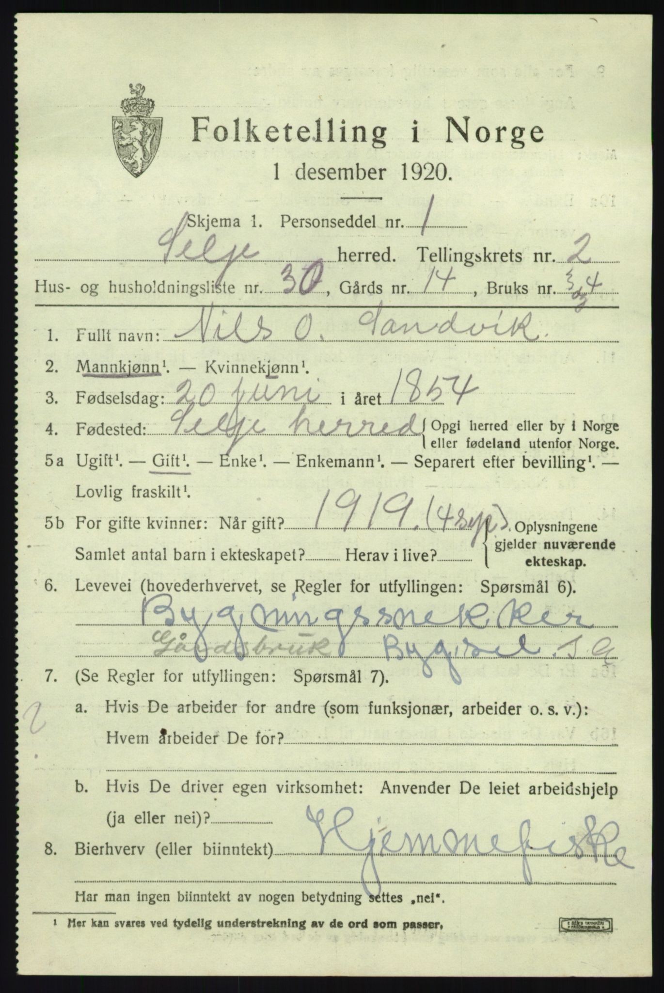 SAB, 1920 census for Selje, 1920, p. 1877