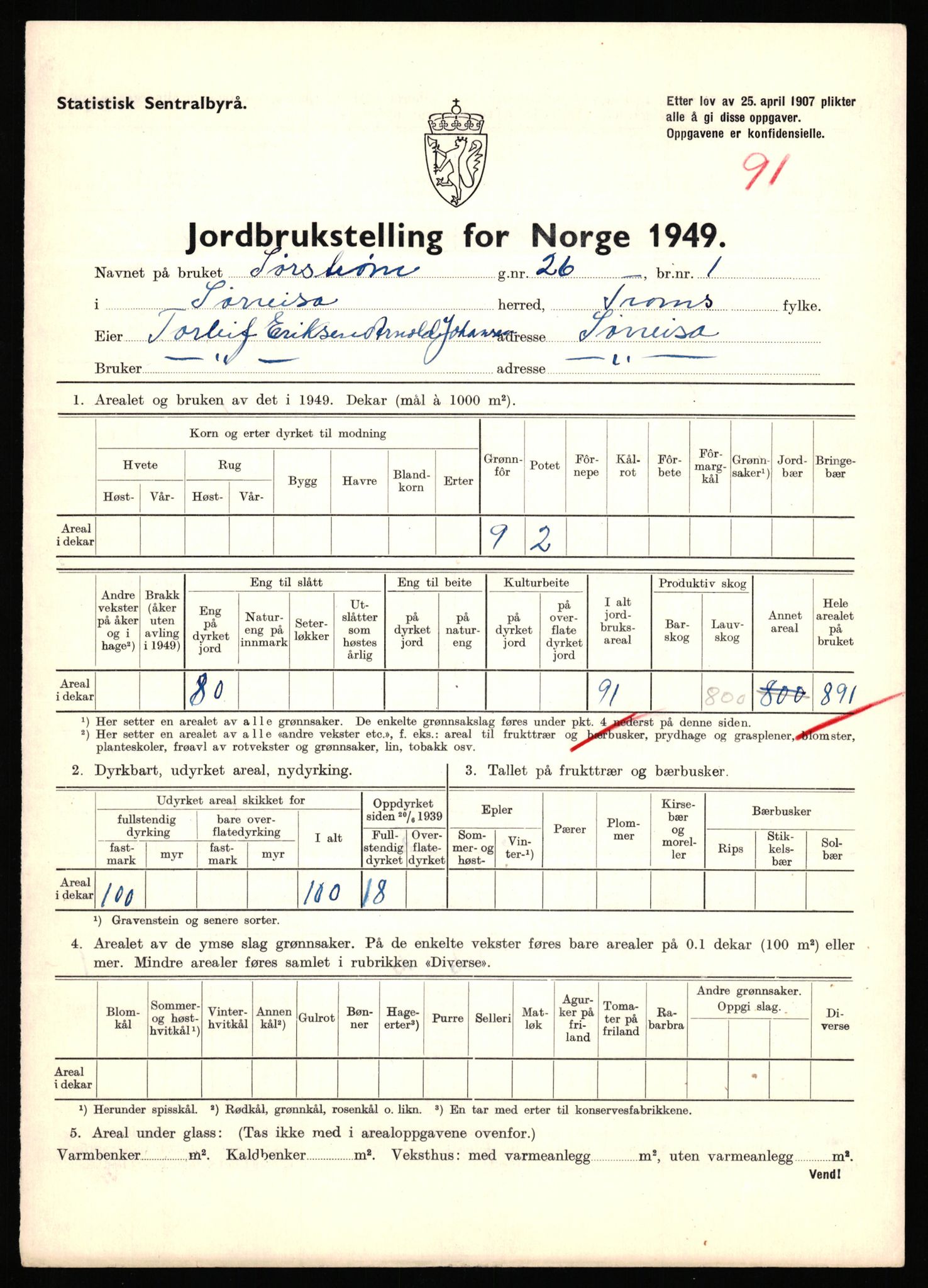 Statistisk sentralbyrå, Næringsøkonomiske emner, Jordbruk, skogbruk, jakt, fiske og fangst, AV/RA-S-2234/G/Gc/L0440: Troms: Sørreisa og Dyrøy, 1949, p. 807