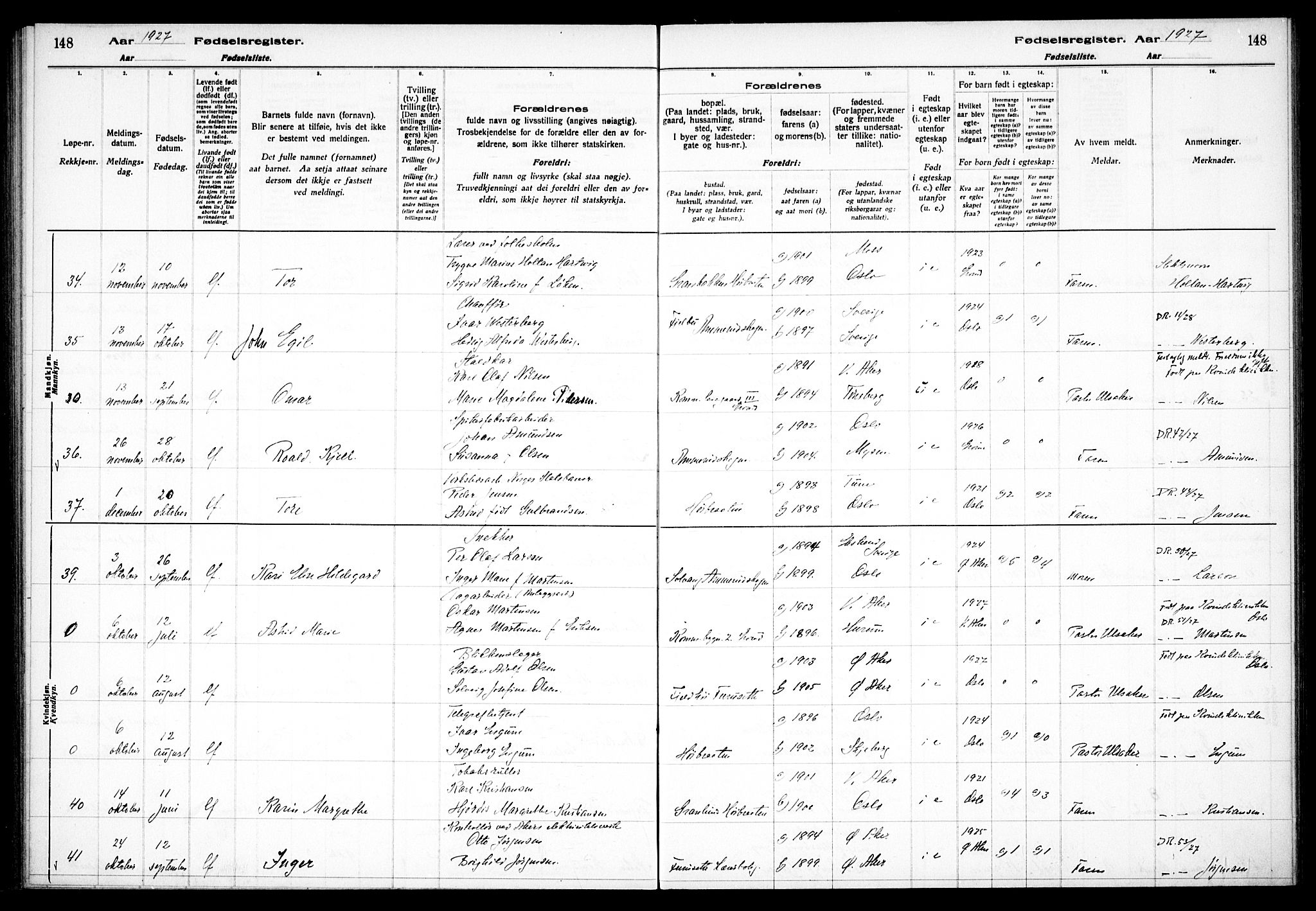 Østre Aker prestekontor Kirkebøker, AV/SAO-A-10840/J/Jb/L0001: Birth register no. II 1, 1916-1932, p. 148