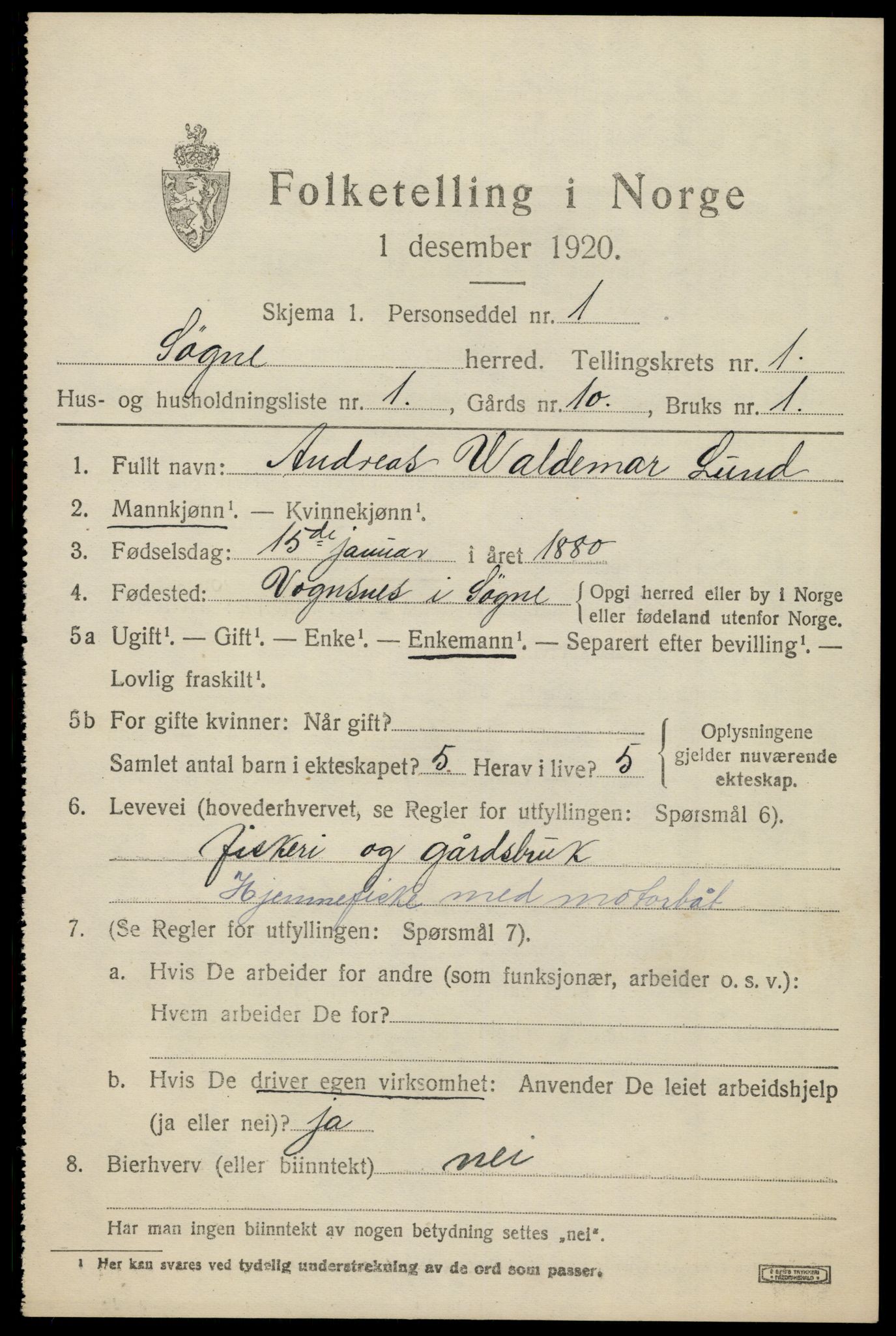 SAK, 1920 census for Søgne, 1920, p. 1331