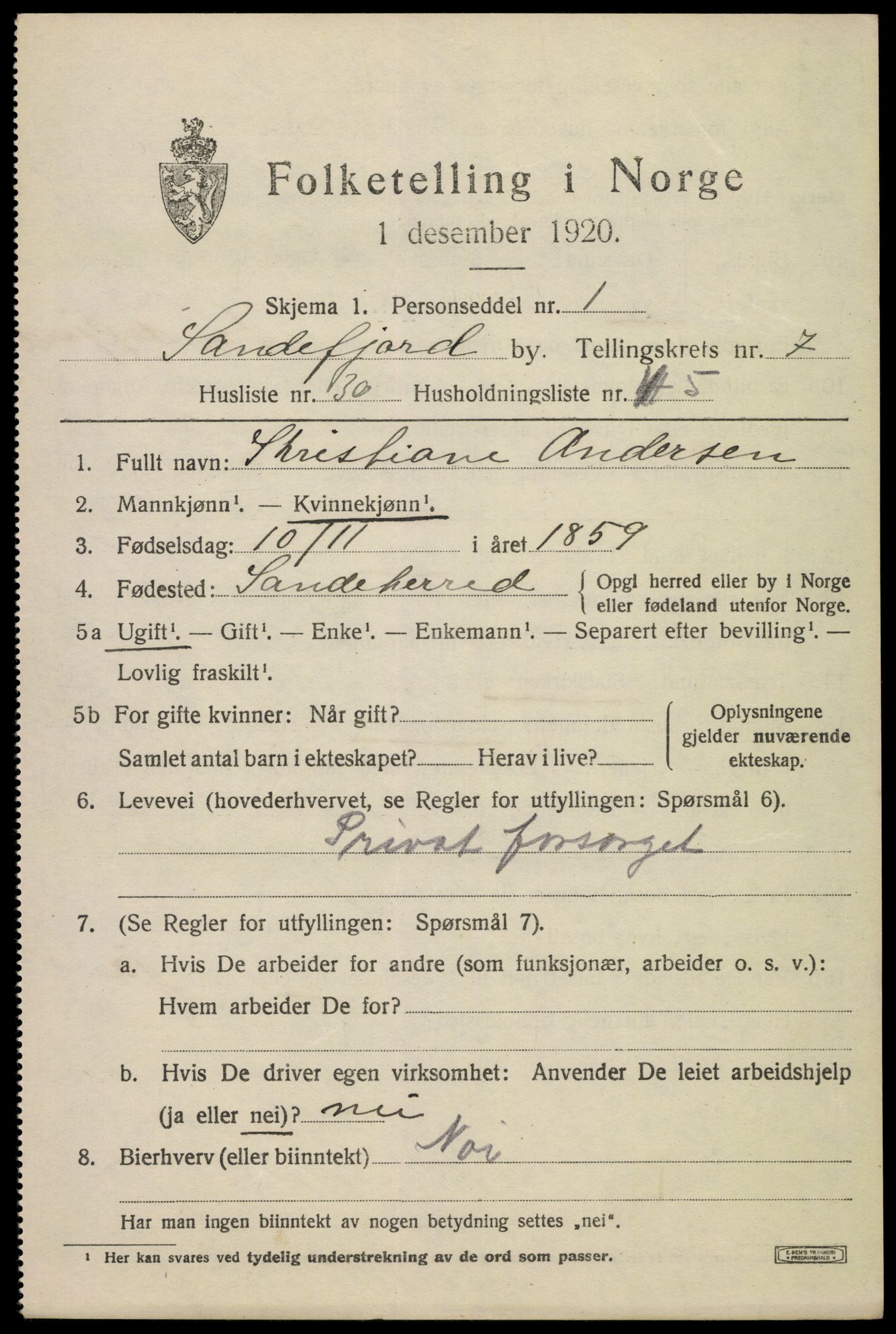 SAKO, 1920 census for Sandefjord, 1920, p. 11096