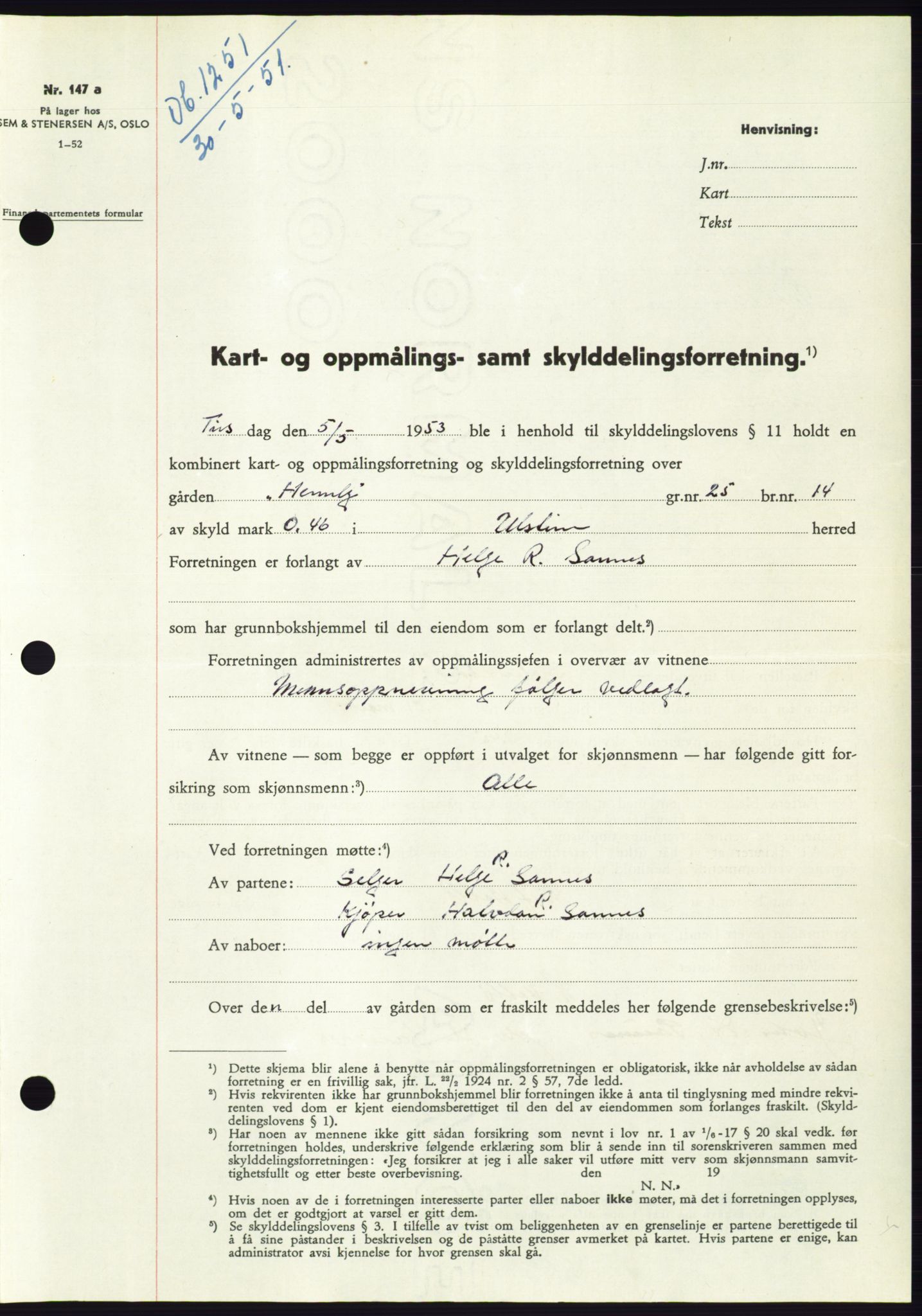 Søre Sunnmøre sorenskriveri, AV/SAT-A-4122/1/2/2C/L0095: Mortgage book no. 21A, 1953-1953, Diary no: : 1251/1953