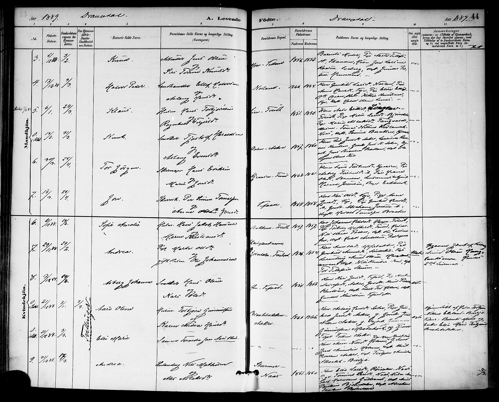 Drangedal kirkebøker, SAKO/A-258/F/Fa/L0010: Parish register (official) no. 10 /1, 1885-1894, p. 44