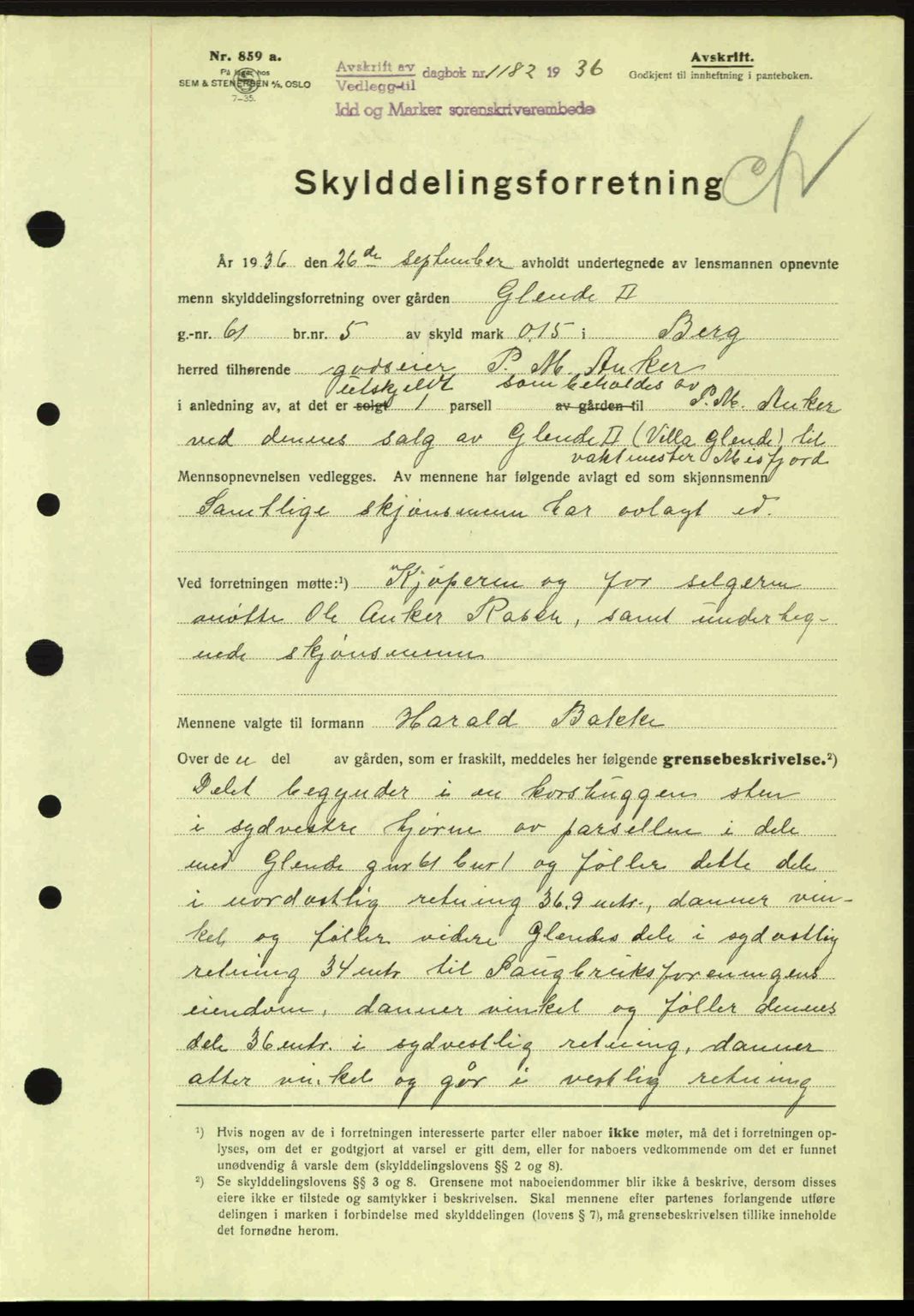 Idd og Marker sorenskriveri, AV/SAO-A-10283/G/Gb/Gbb/L0001: Mortgage book no. A1, 1936-1937, Diary no: : 1182/1936