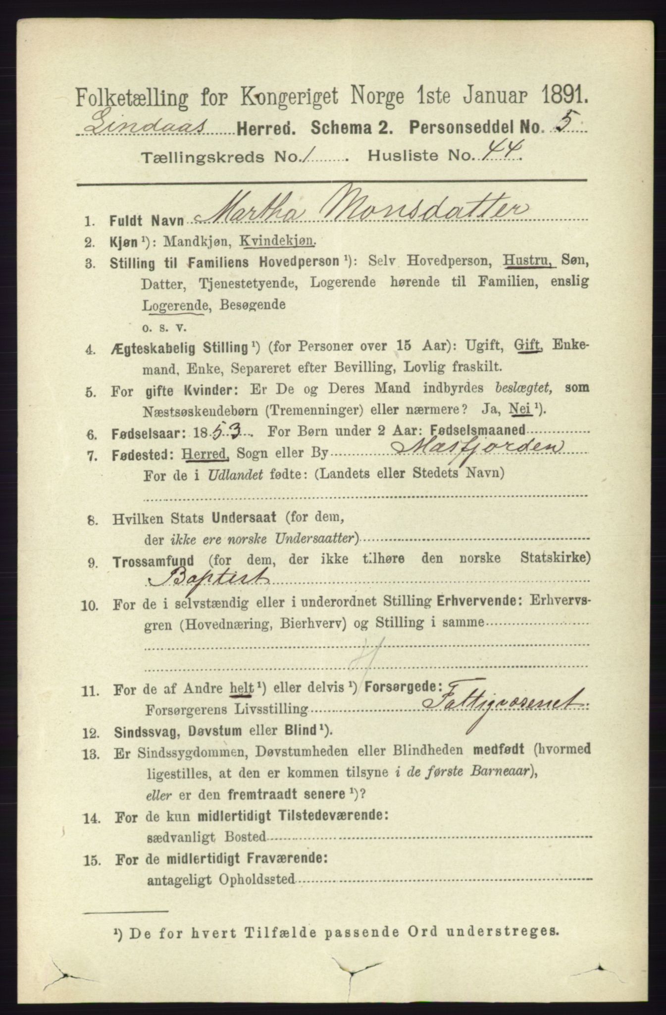 RA, 1891 census for 1263 Lindås, 1891, p. 369