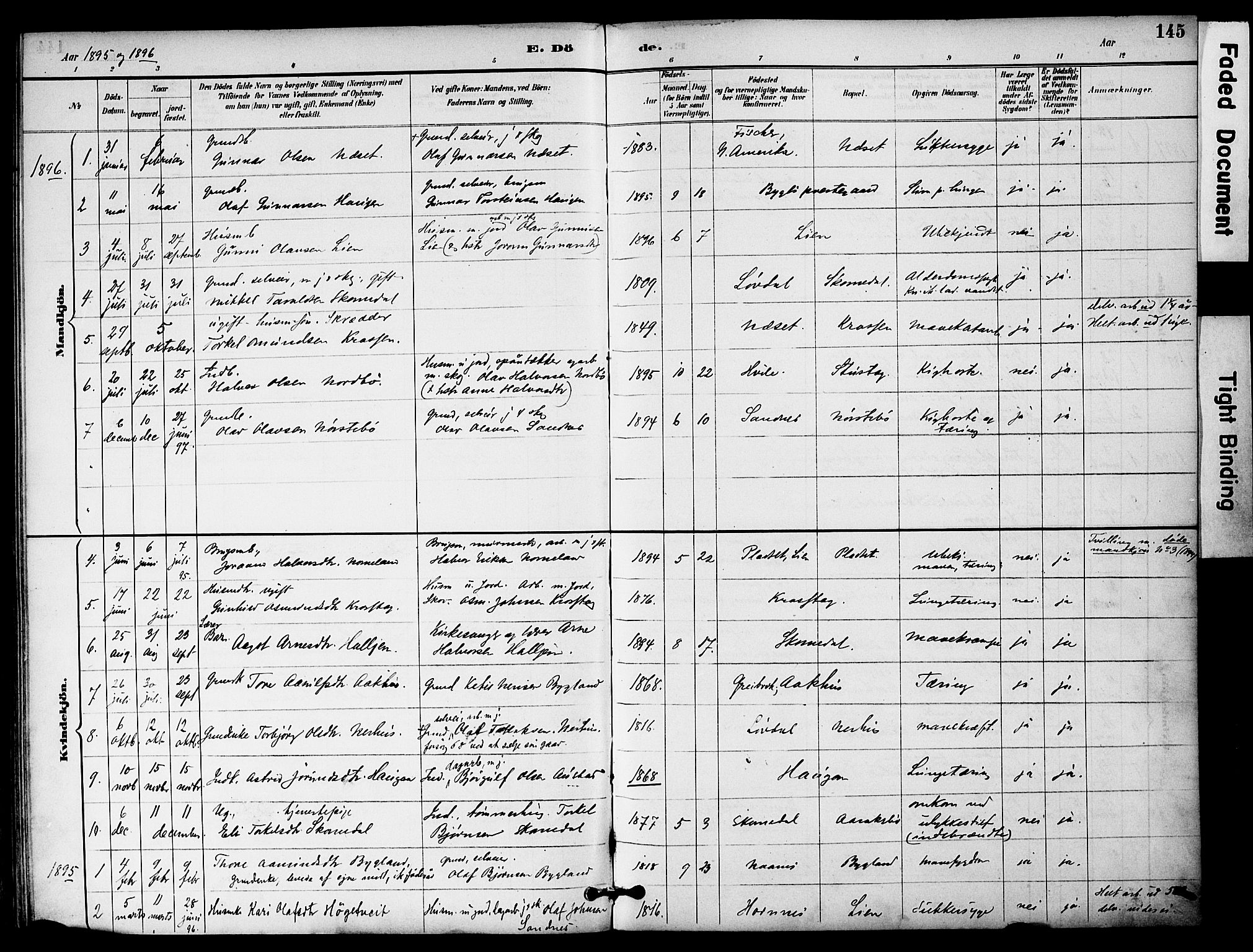 Bygland sokneprestkontor, SAK/1111-0006/F/Fa/Fab/L0007: Parish register (official) no. A 7, 1885-1909, p. 145