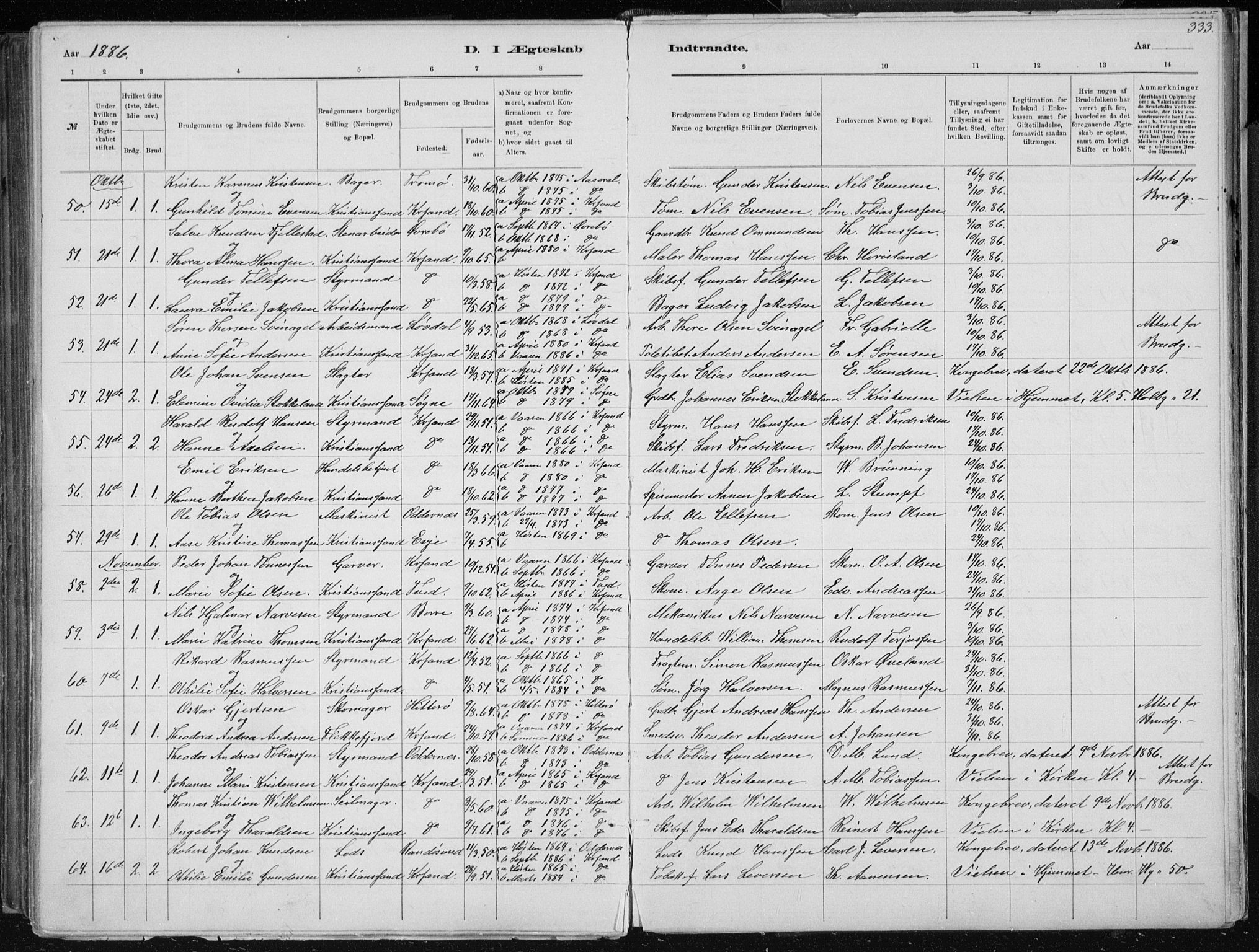 Kristiansand domprosti, SAK/1112-0006/F/Fb/L0014: Parish register (copy) no. B 14, 1881-1896, p. 333