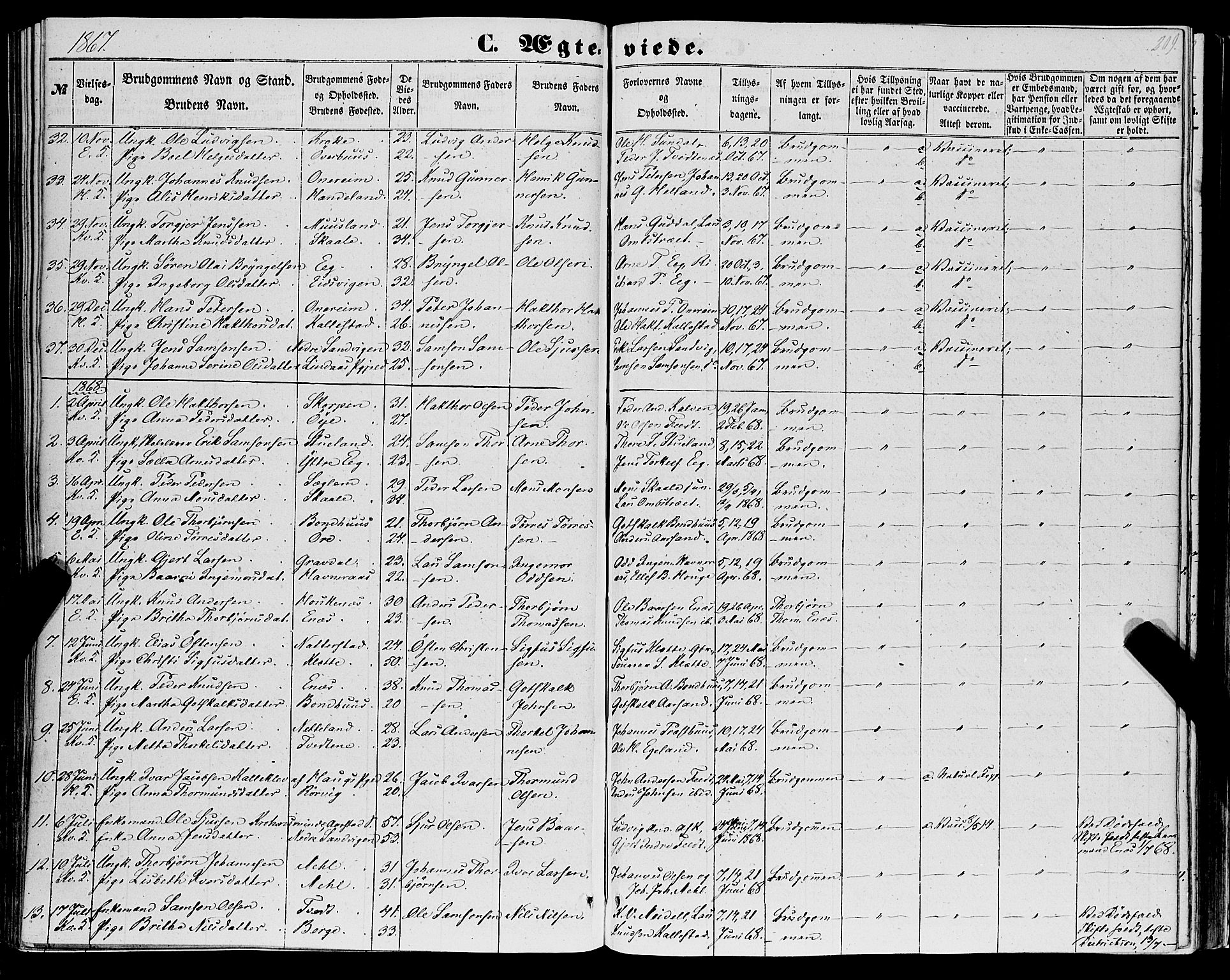Kvinnherad sokneprestembete, SAB/A-76401/H/Haa: Parish register (official) no. A 8, 1854-1872, p. 209