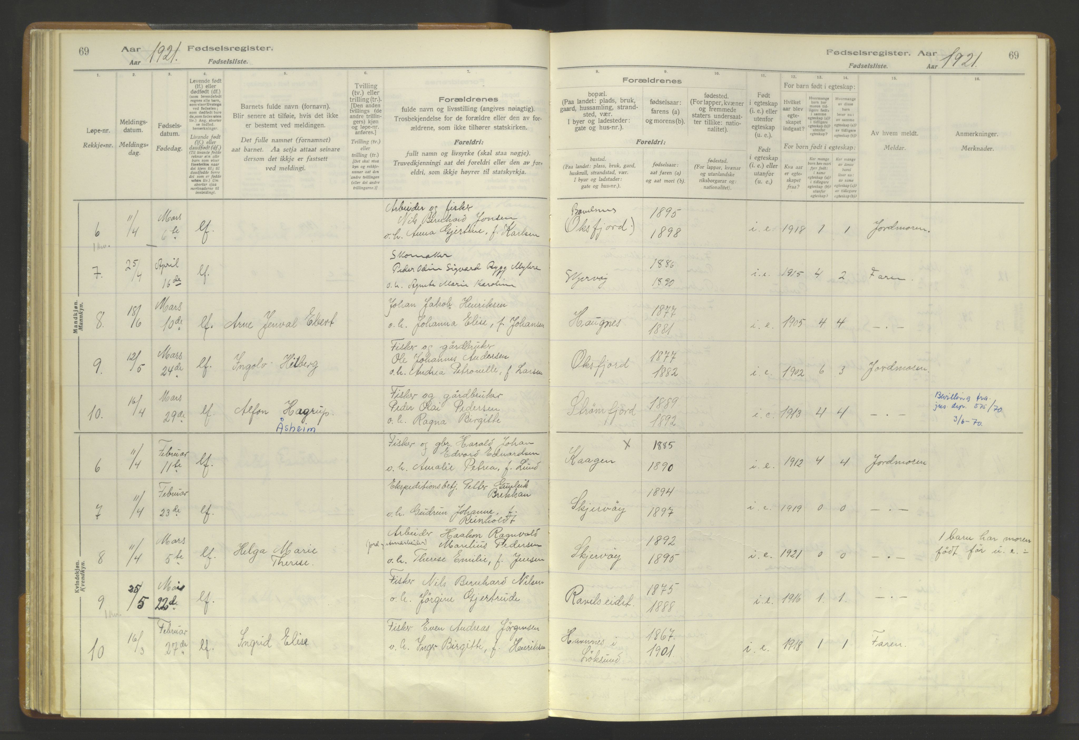 Skjervøy sokneprestkontor, AV/SATØ-S-1300/I/Ia/L0056: Birth register no. 56, 1916-1932, p. 69