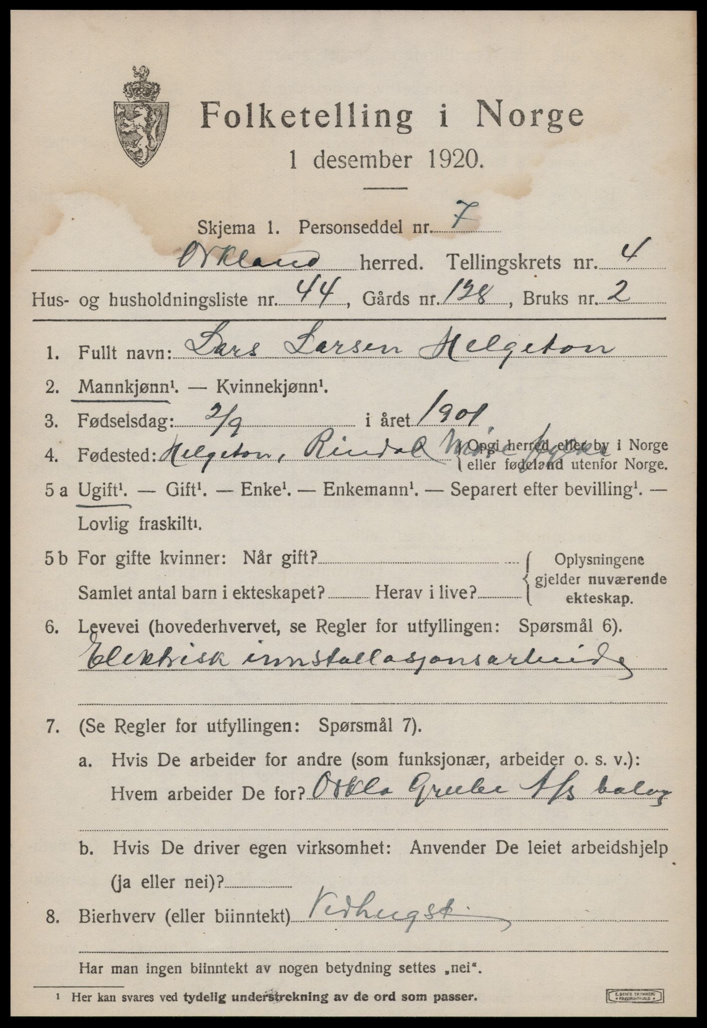 SAT, 1920 census for Orkland, 1920, p. 3812