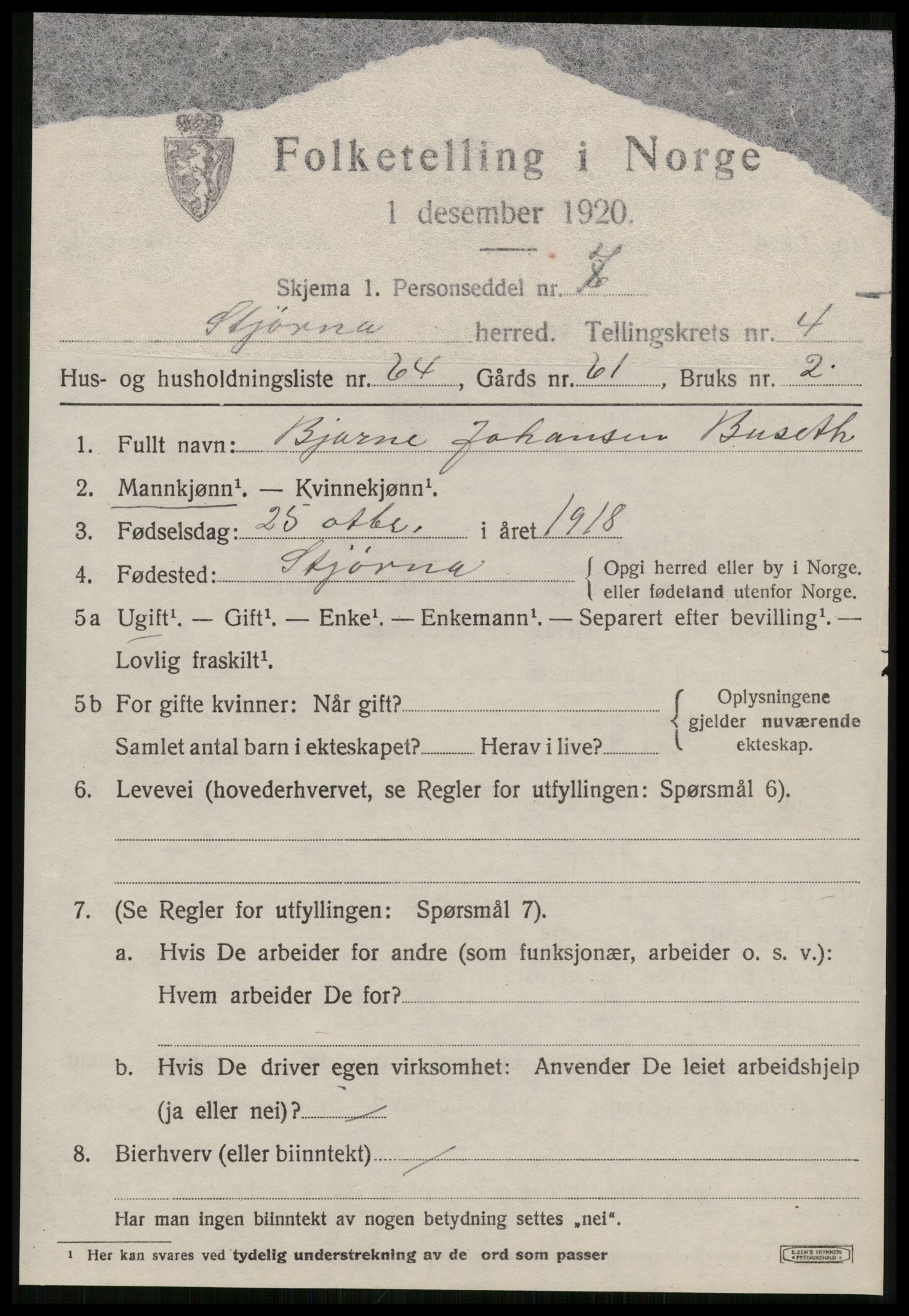 SAT, 1920 census for Stjørna, 1920, p. 3830