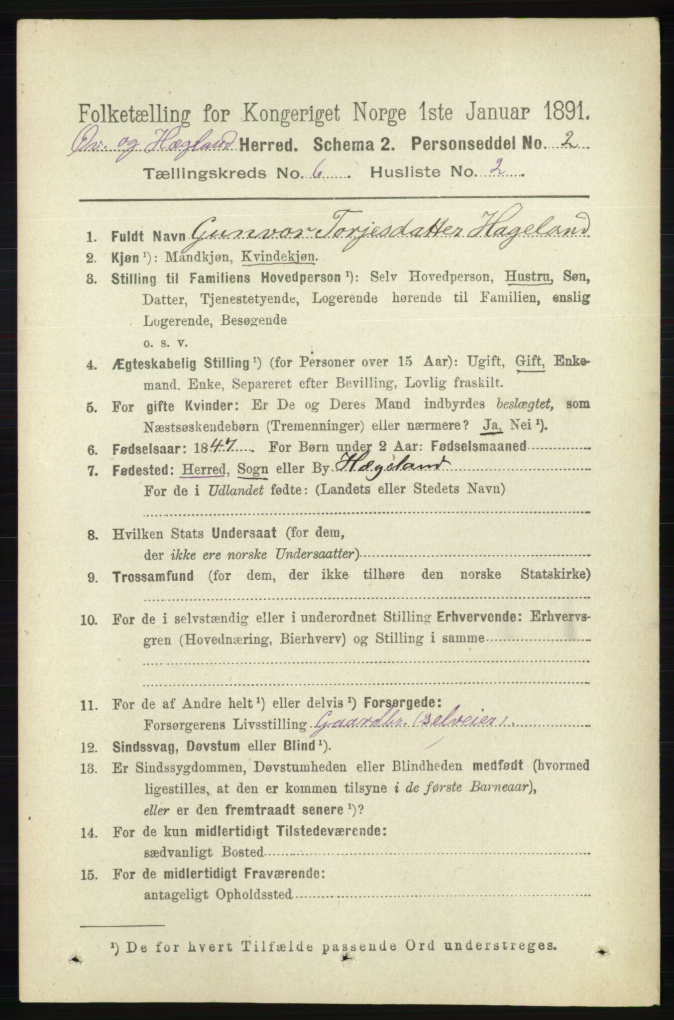 RA, 1891 census for 1016 Øvrebø og Hægeland, 1891, p. 1173