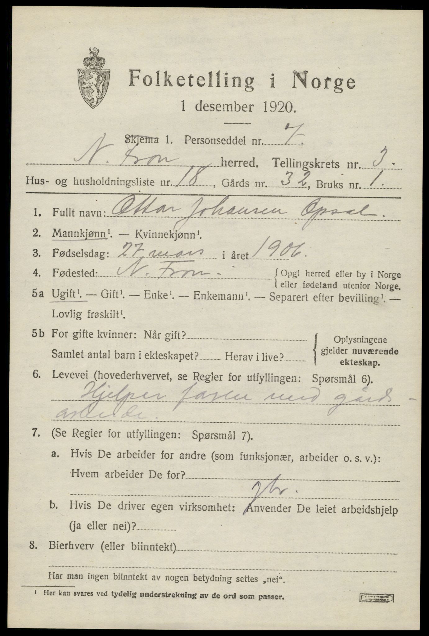 SAH, 1920 census for Nord-Fron, 1920, p. 3280