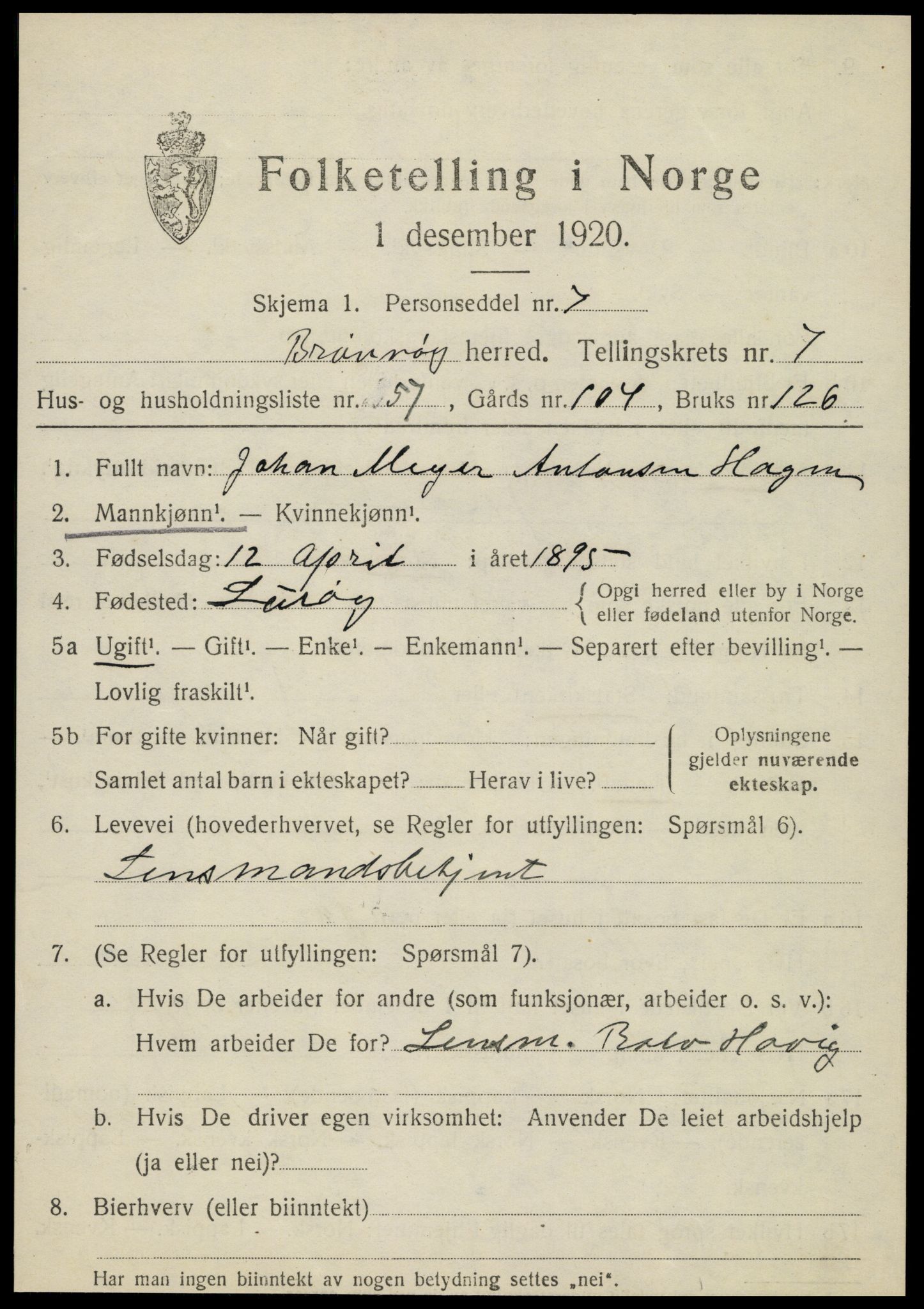 SAT, 1920 census for Brønnøy, 1920, p. 5870