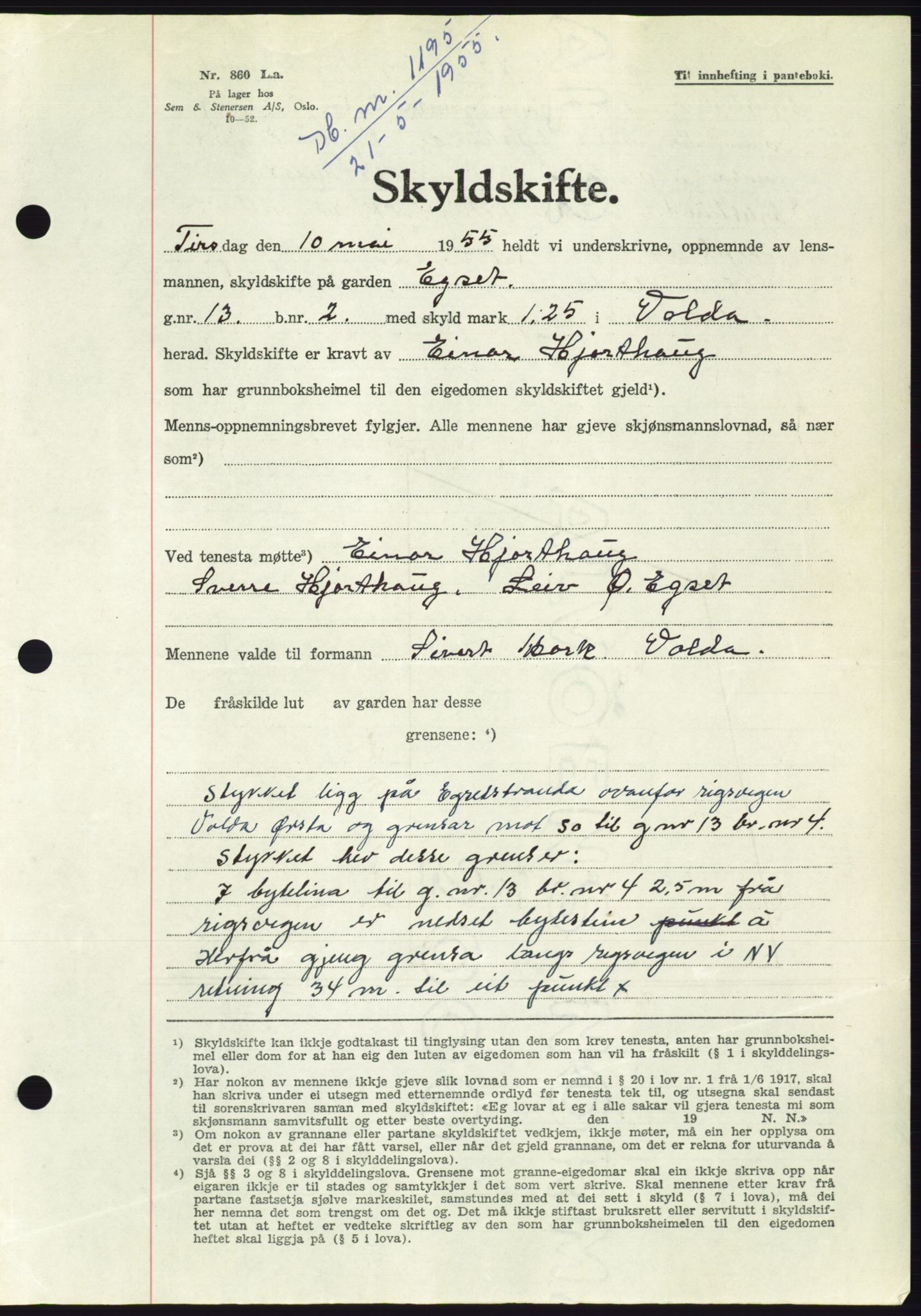 Søre Sunnmøre sorenskriveri, AV/SAT-A-4122/1/2/2C/L0101: Mortgage book no. 27A, 1955-1955, Diary no: : 1195/1955