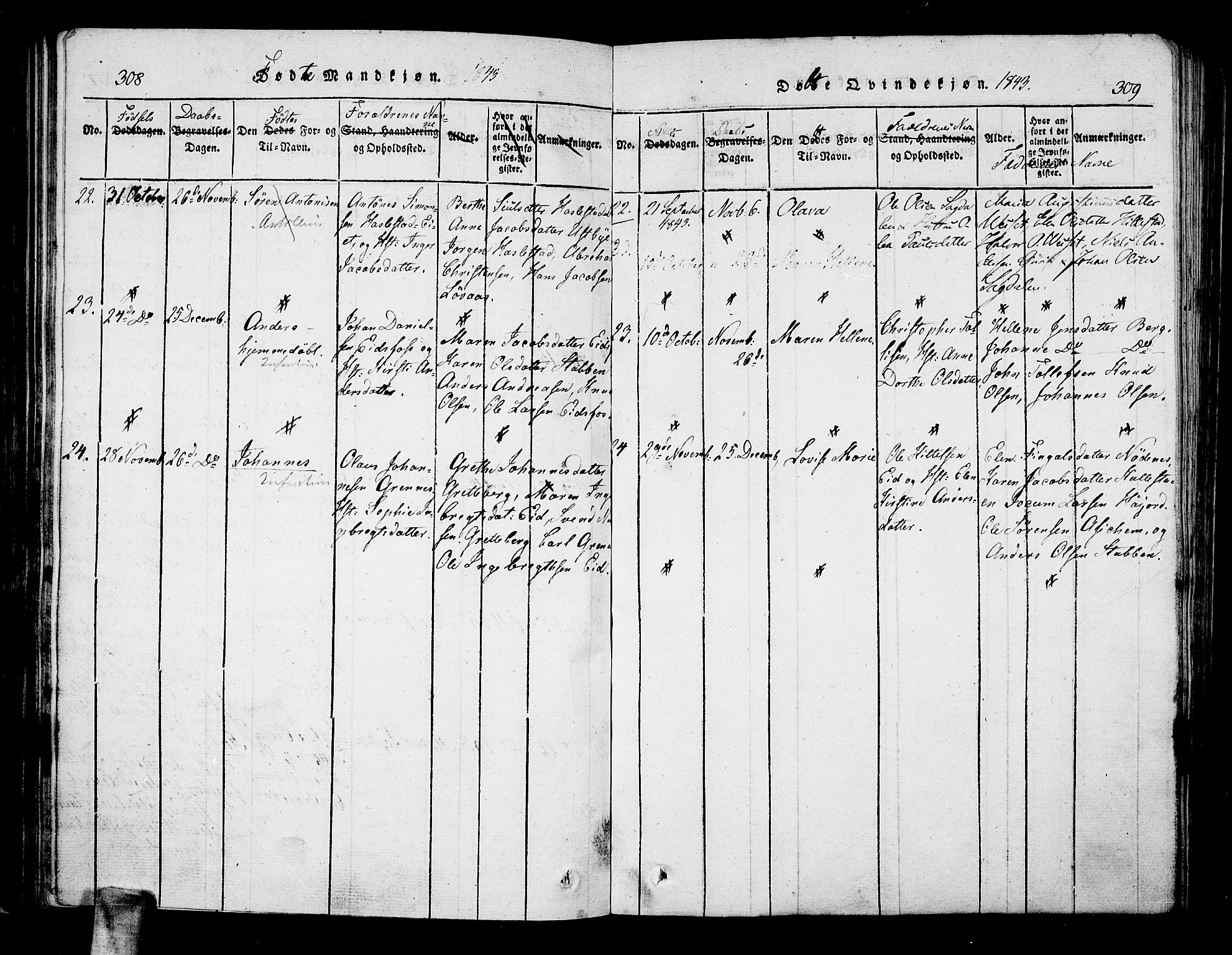 Hof kirkebøker, AV/SAKO-A-64/F/Fa/L0004: Parish register (official) no. I 4, 1814-1843, p. 308-309