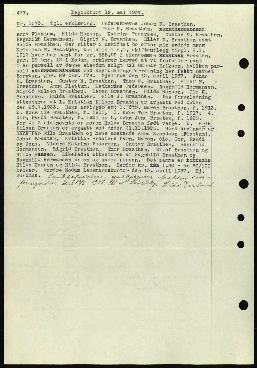 Eiker, Modum og Sigdal sorenskriveri, SAKO/A-123/G/Ga/Gab/L0035: Mortgage book no. A5, 1937-1937, Diary no: : 1073/1937