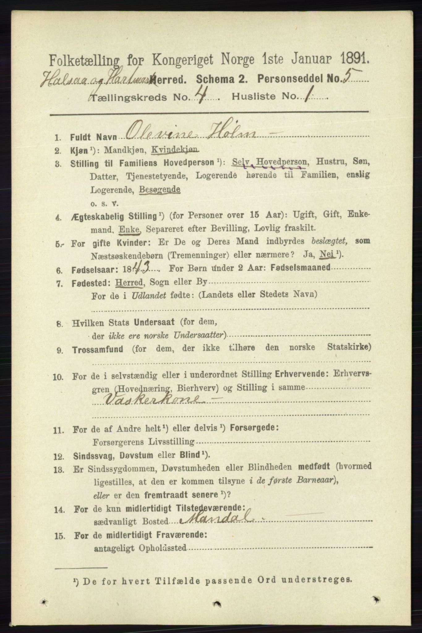 RA, 1891 census for 1019 Halse og Harkmark, 1891, p. 1496