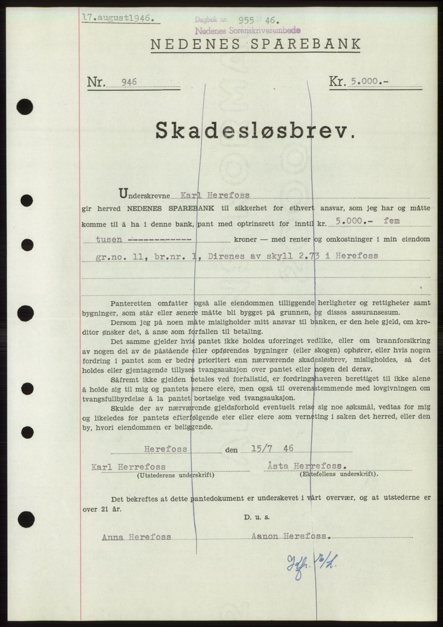 Nedenes sorenskriveri, AV/SAK-1221-0006/G/Gb/Gbb/L0003: Mortgage book no. B3b, 1946-1946, Diary no: : 955/1946