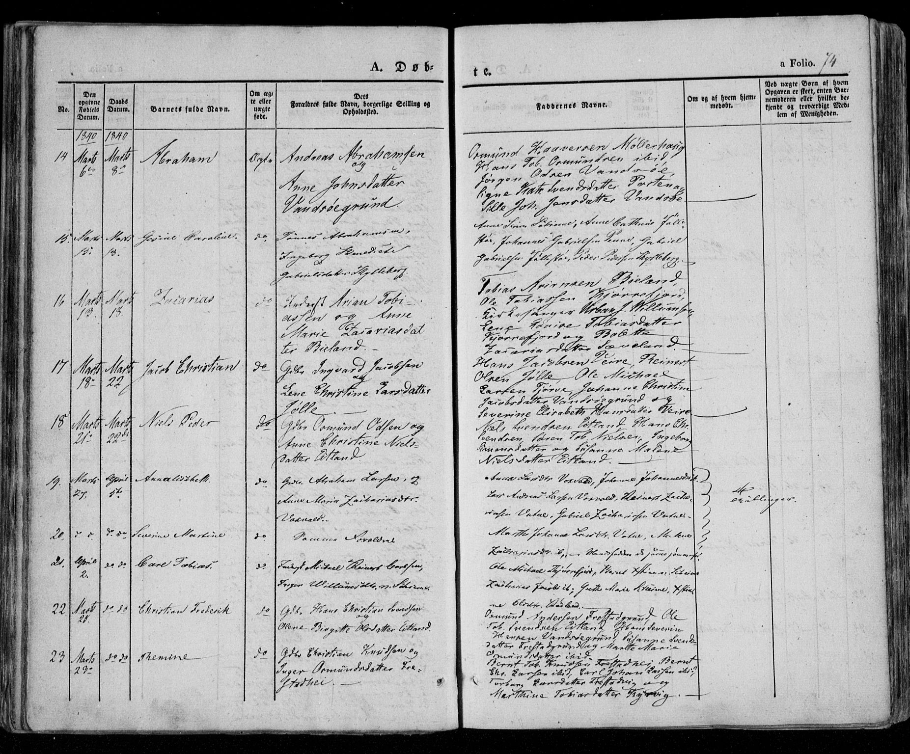 Lista sokneprestkontor, AV/SAK-1111-0027/F/Fa/L0009: Parish register (official) no. A 9, 1835-1846, p. 74