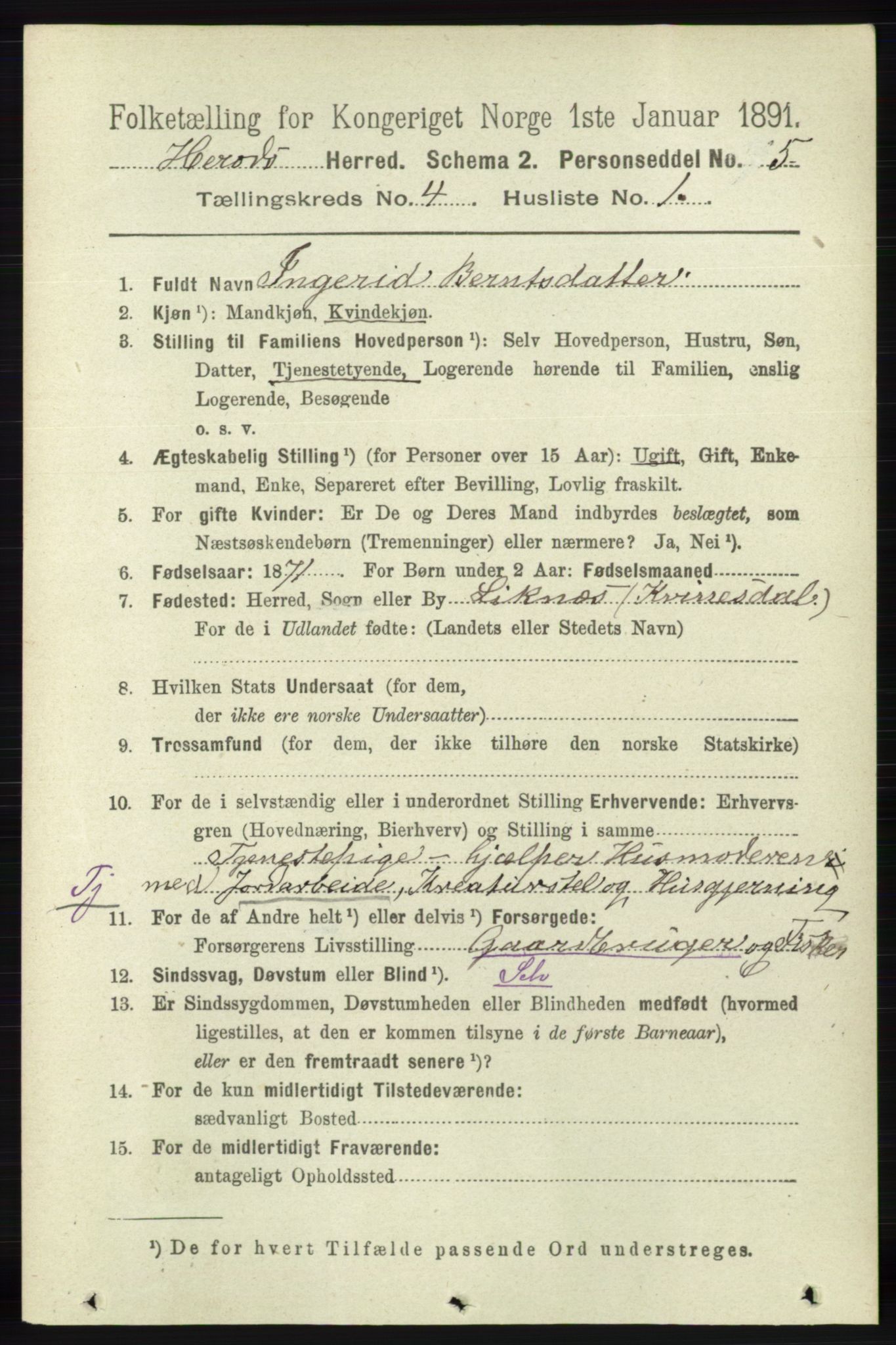 RA, 1891 census for 1039 Herad, 1891, p. 1422