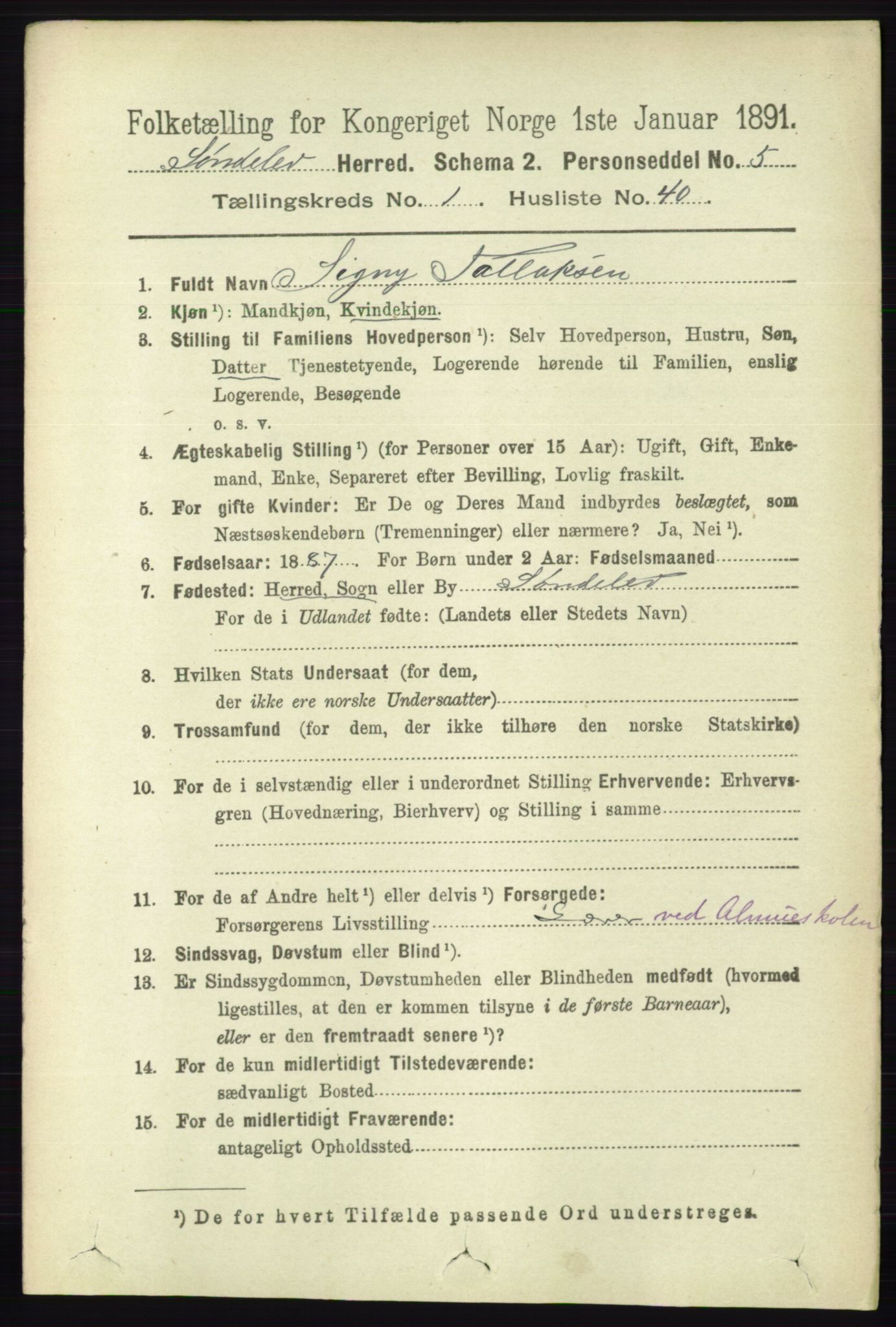 RA, 1891 census for 0913 Søndeled, 1891, p. 346