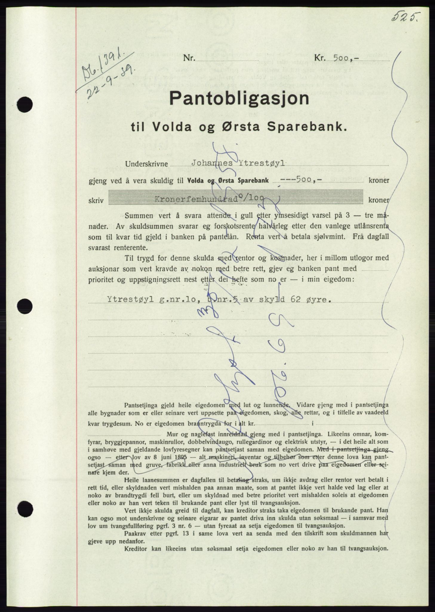 Søre Sunnmøre sorenskriveri, AV/SAT-A-4122/1/2/2C/L0068: Mortgage book no. 62, 1939-1939, Diary no: : 1391/1939