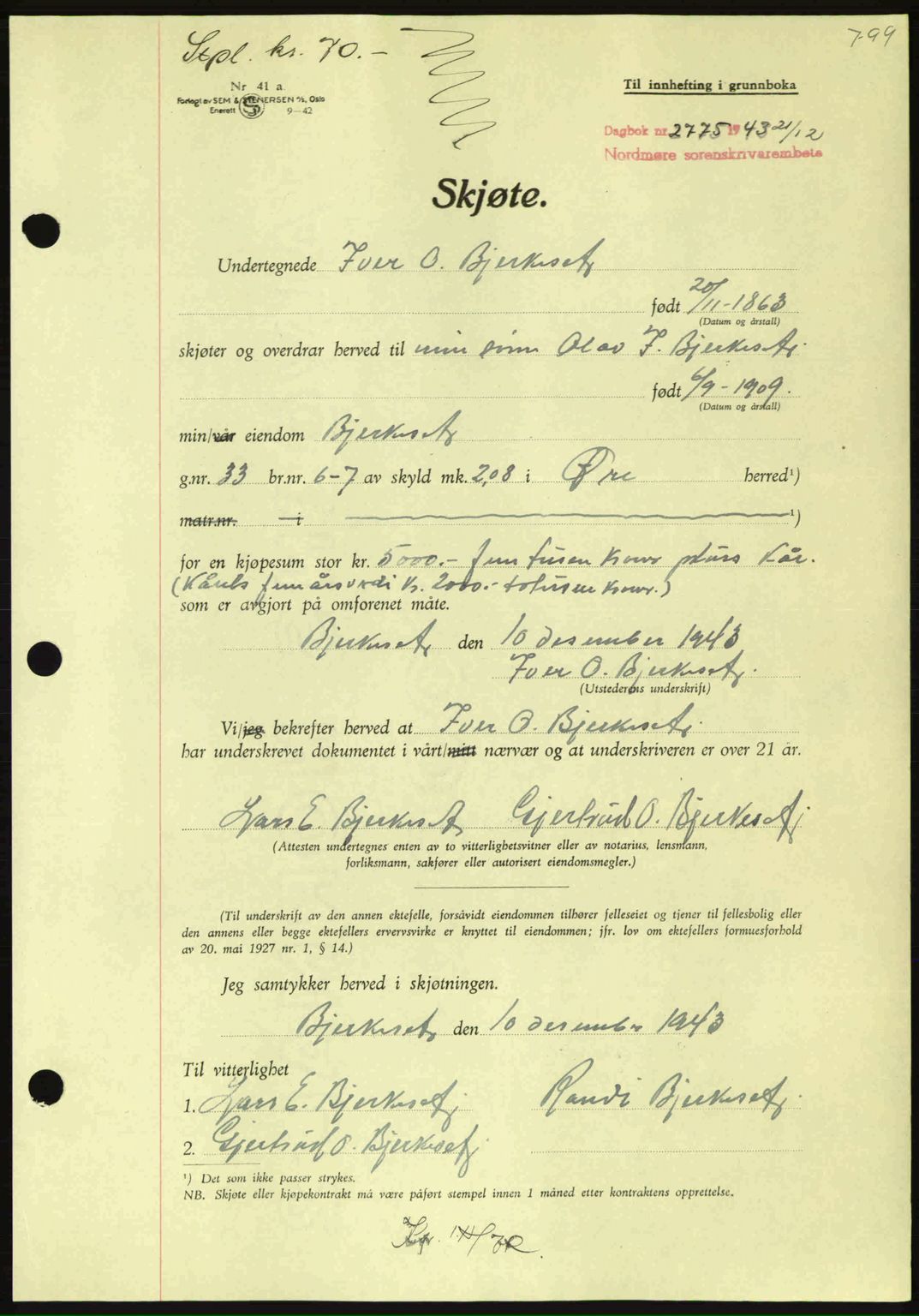 Nordmøre sorenskriveri, AV/SAT-A-4132/1/2/2Ca: Mortgage book no. A96, 1943-1944, Diary no: : 2775/1943