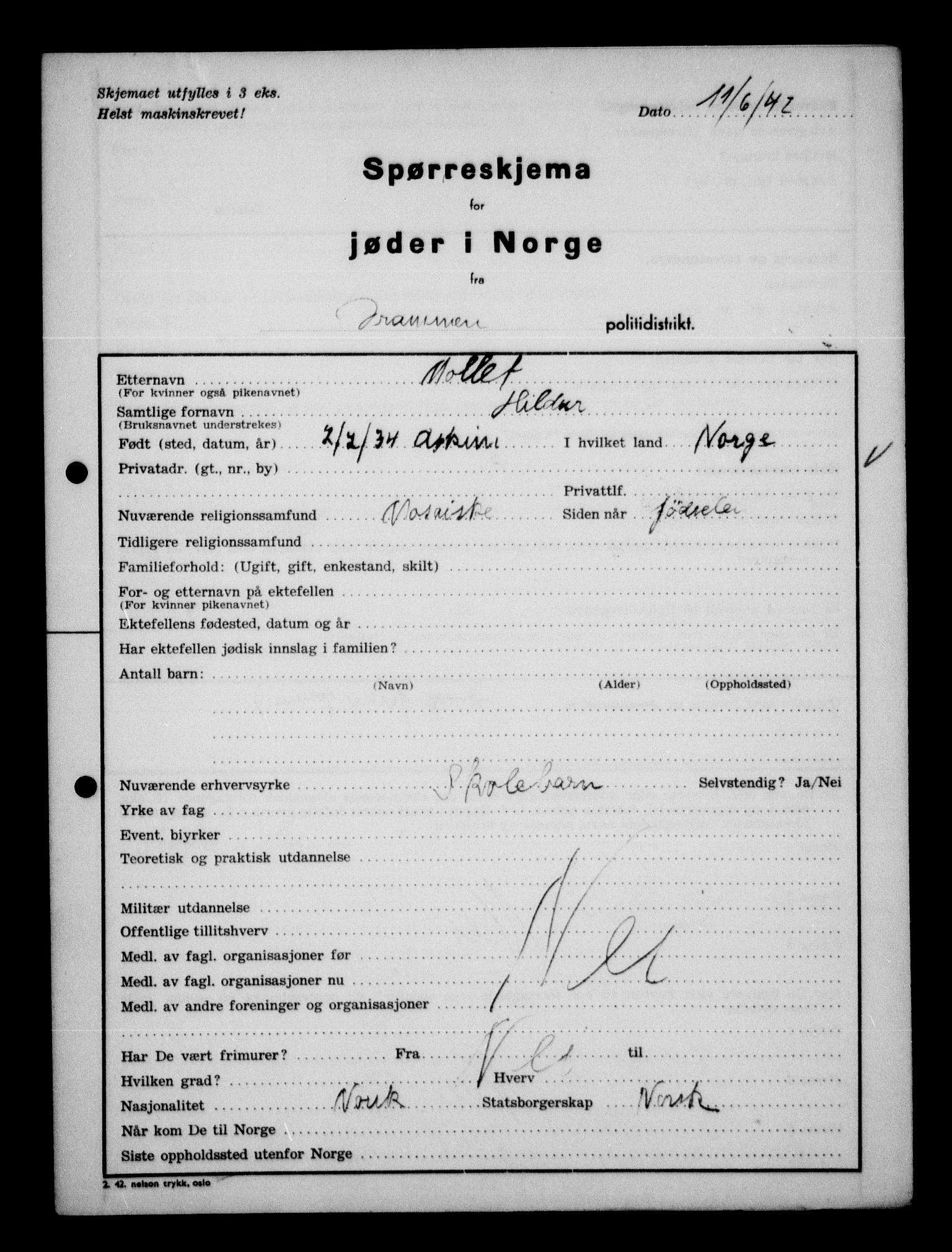 Statspolitiet - Hovedkontoret / Osloavdelingen, AV/RA-S-1329/G/Ga/L0012: Spørreskjema for jøder i Norge. 1: Aker 114- 207 (Levinson-Wozak) og 656 (Salomon). 2: Arendal-Hordaland. 3: Horten-Romerike.  , 1942, p. 393