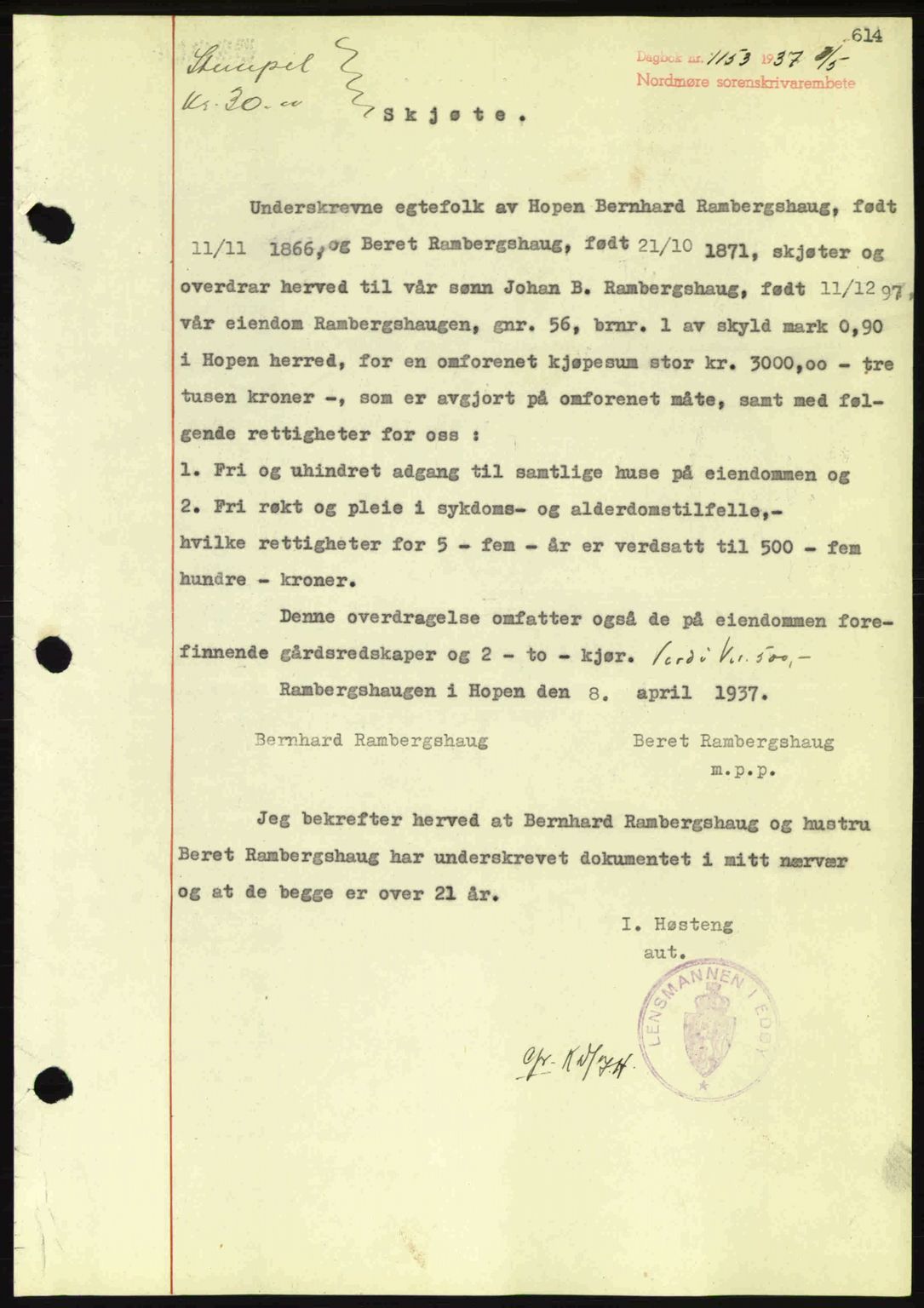 Nordmøre sorenskriveri, AV/SAT-A-4132/1/2/2Ca: Mortgage book no. A81, 1937-1937, Diary no: : 1153/1937