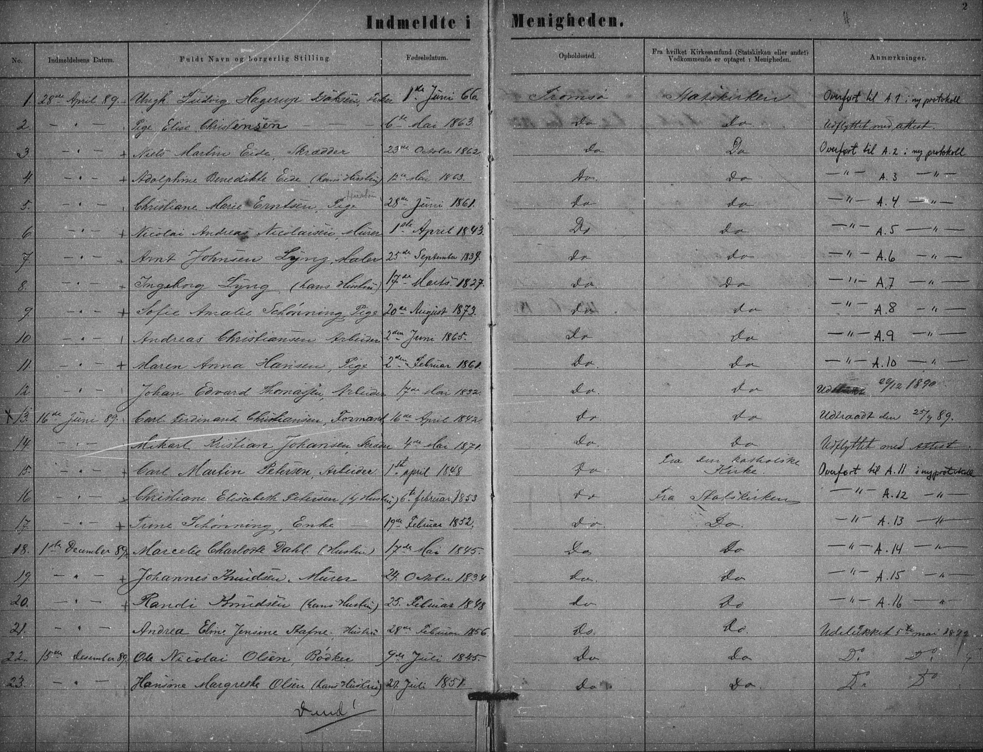 Uten arkivreferanse, SATØ/-: Dissenter register no. DP 7, 1889-1892, p. 2