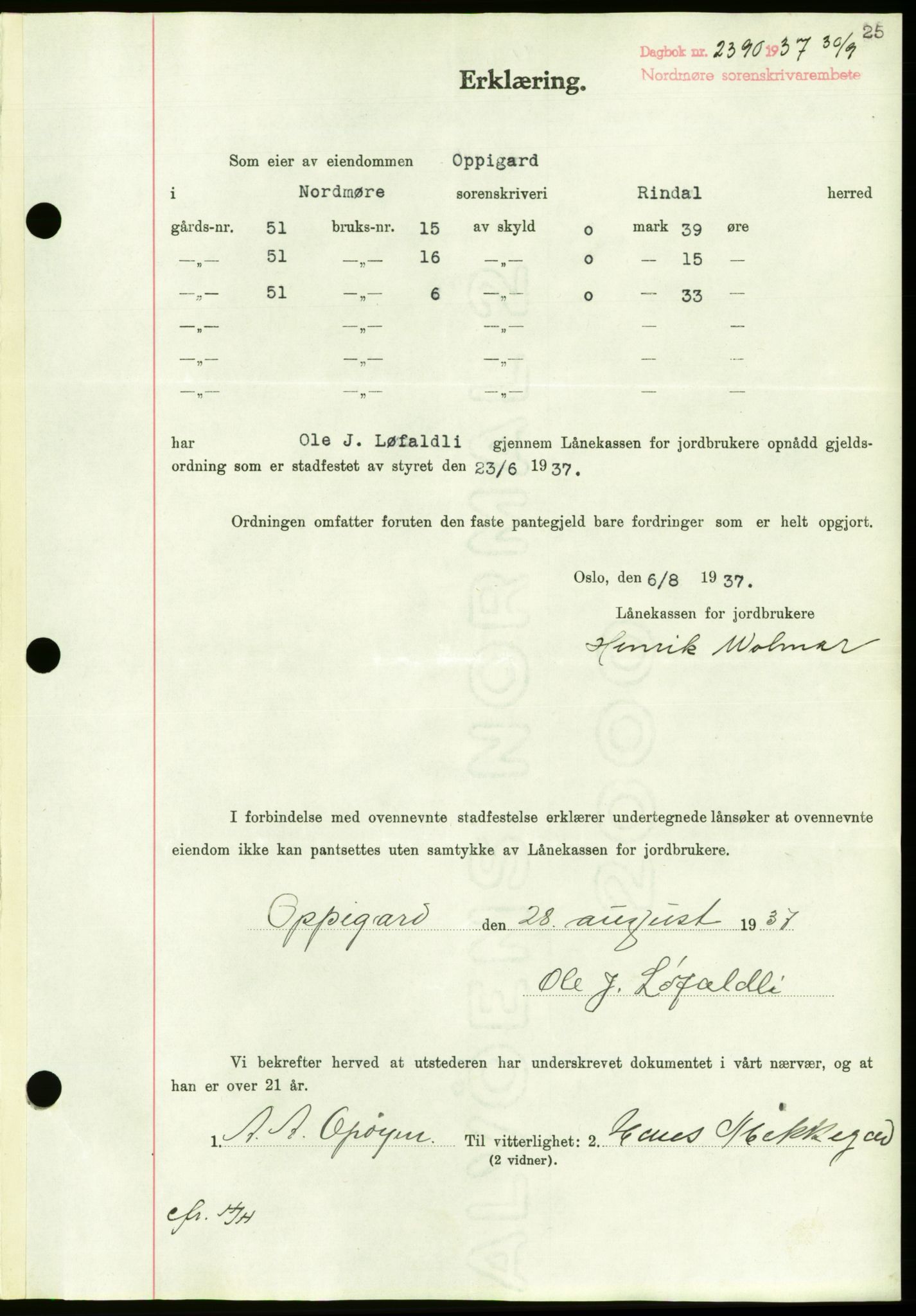 Nordmøre sorenskriveri, AV/SAT-A-4132/1/2/2Ca/L0092: Mortgage book no. B82, 1937-1938, Diary no: : 2390/1937