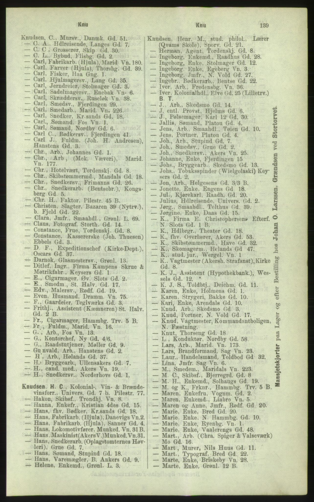 Kristiania/Oslo adressebok, PUBL/-, 1884, p. 139