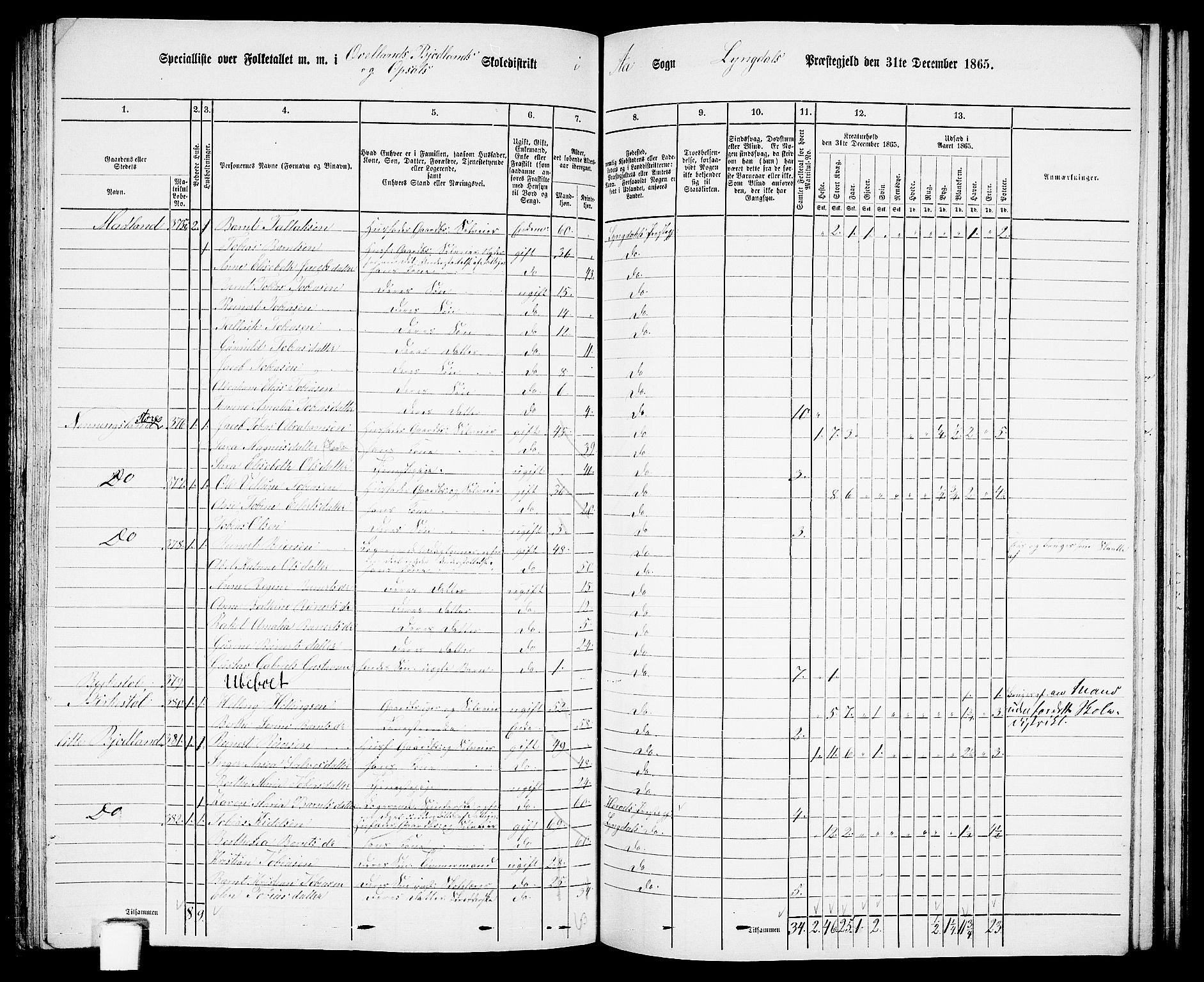 RA, 1865 census for Lyngdal, 1865, p. 166