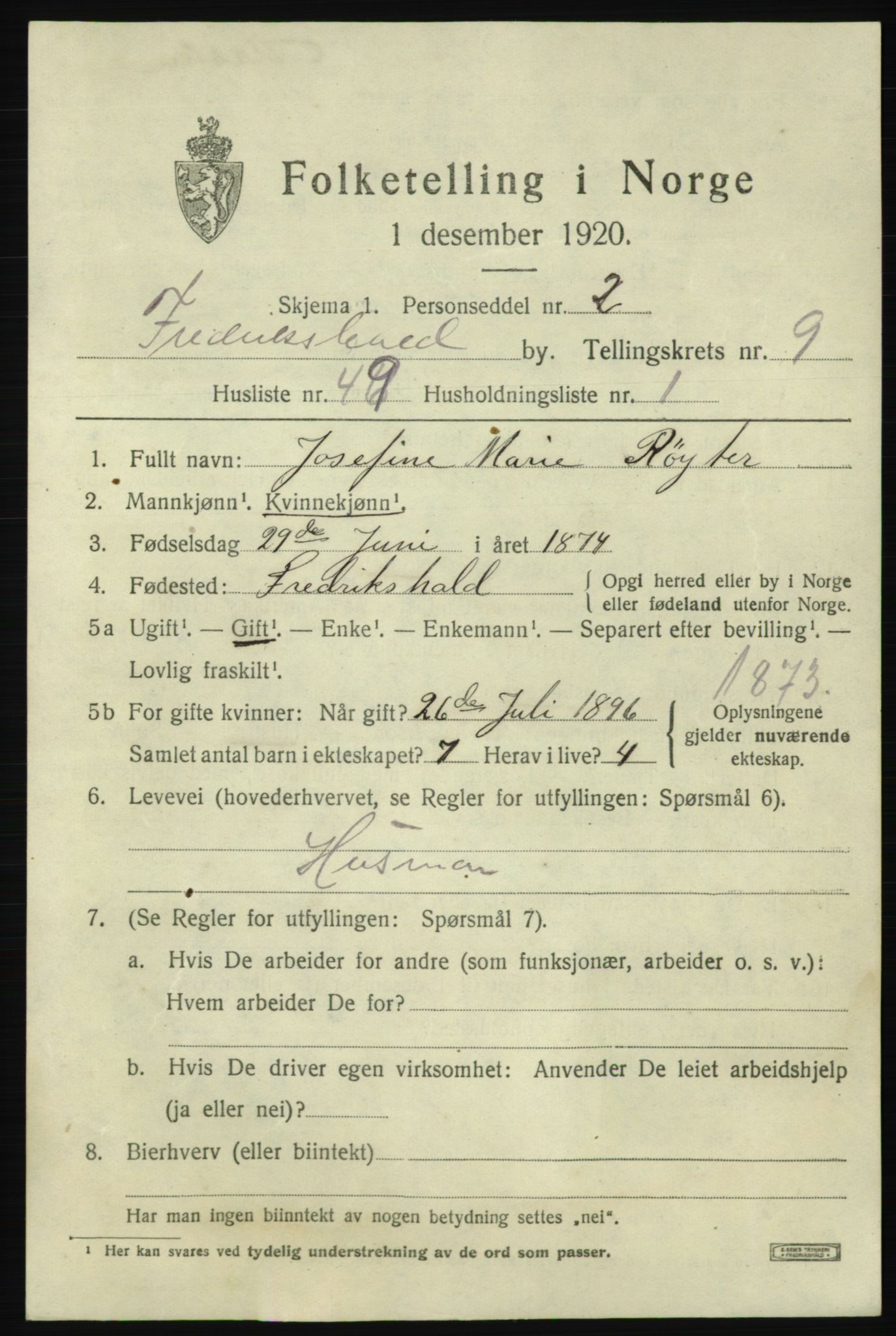 SAO, 1920 census for Fredrikshald, 1920, p. 17043