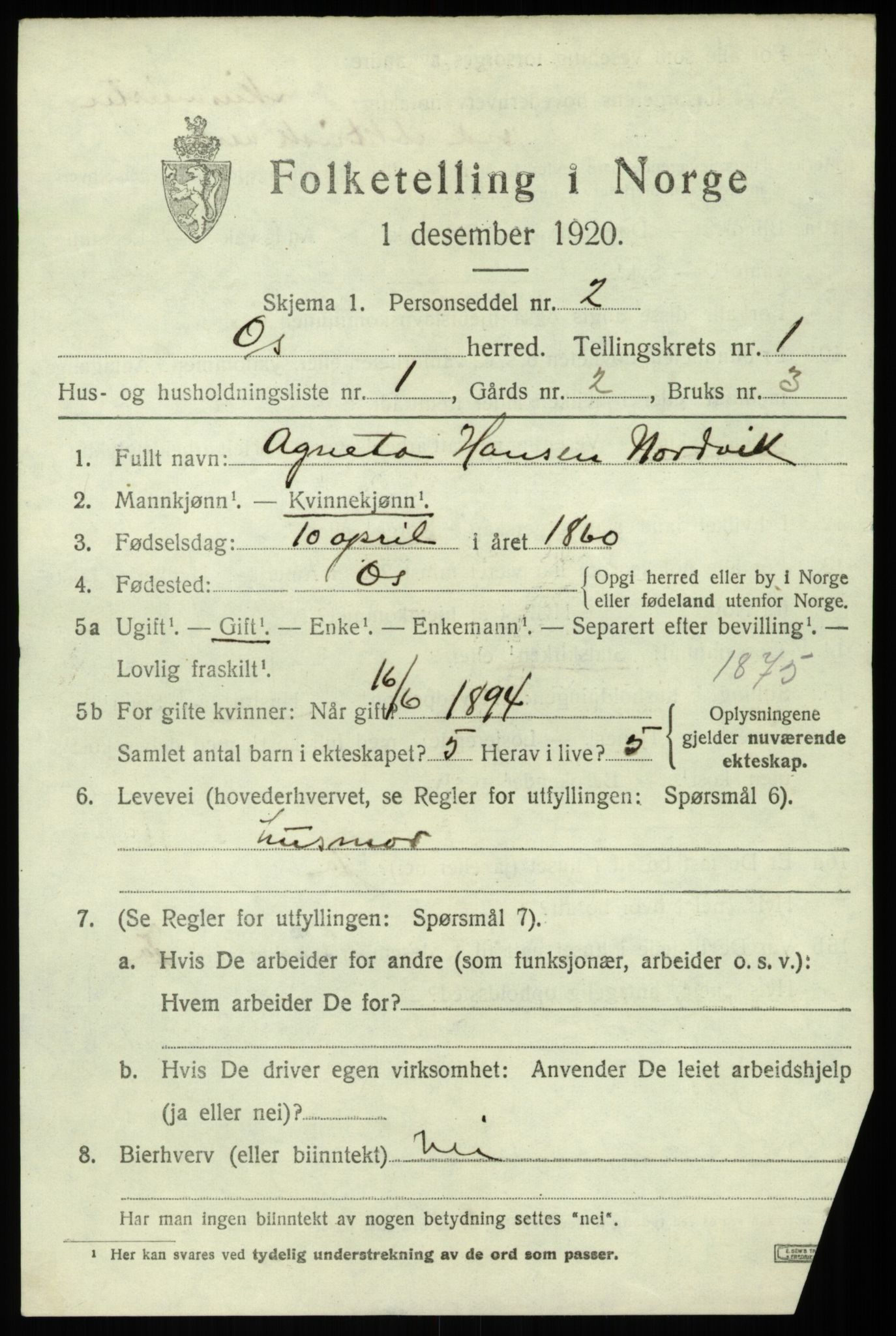 SAB, 1920 census for Os, 1920, p. 1192