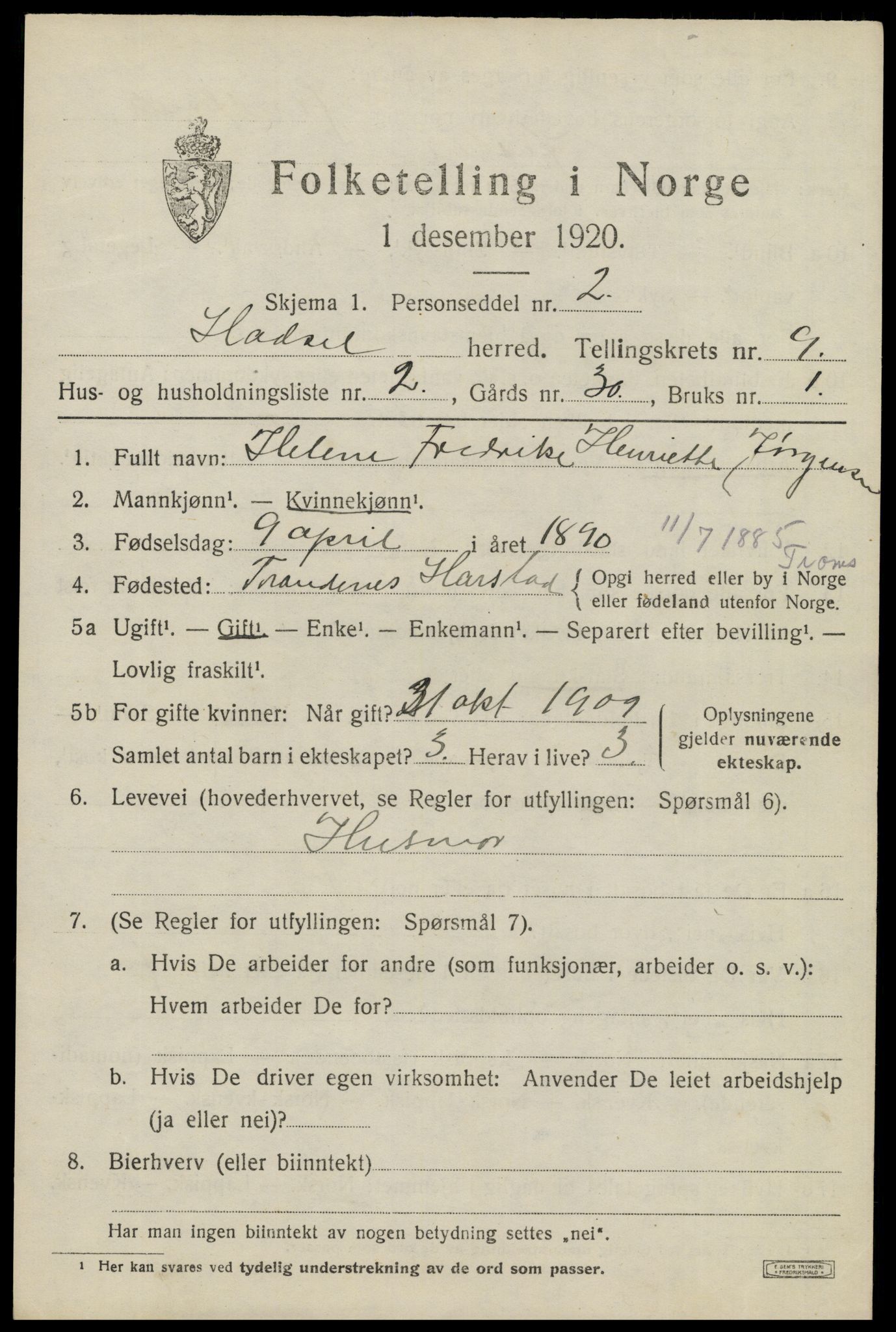 SAT, 1920 census for Hadsel, 1920, p. 7678