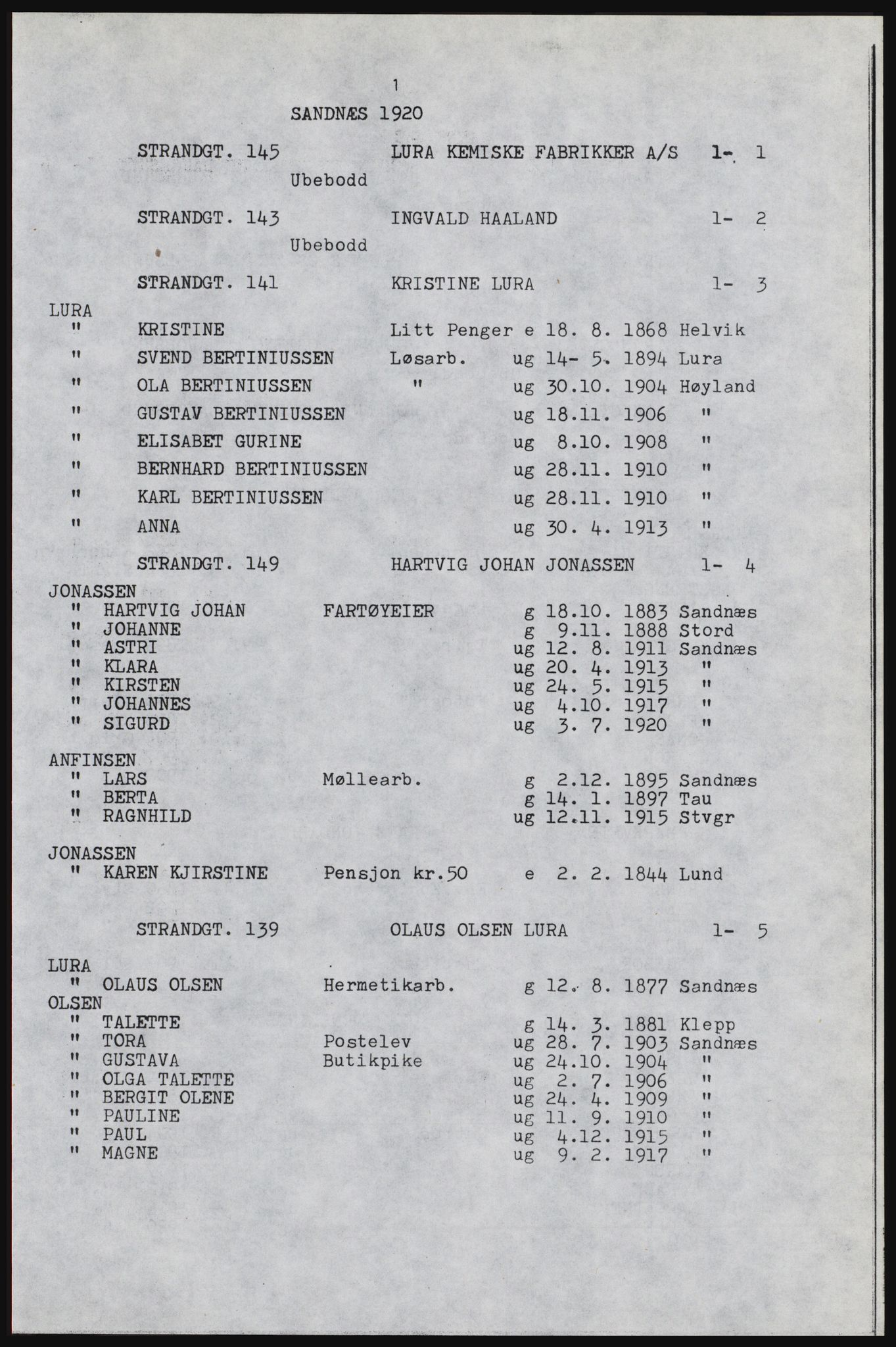 SAST, Copy of 1920 census for Sandnes, 1920, p. 11